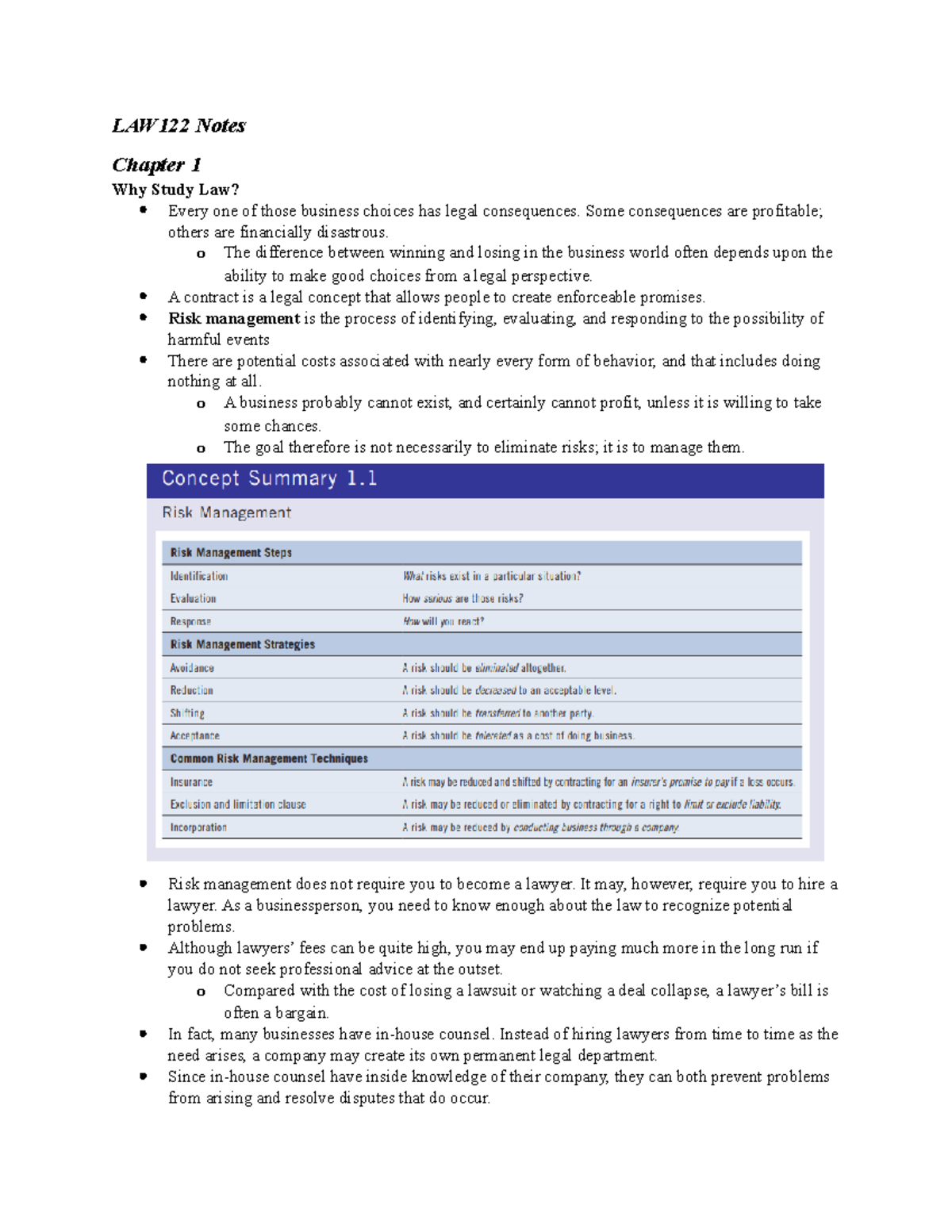 LAW122 Notes - LAW122 Notes Chapter 1 Why Study Law? Every one of those ...