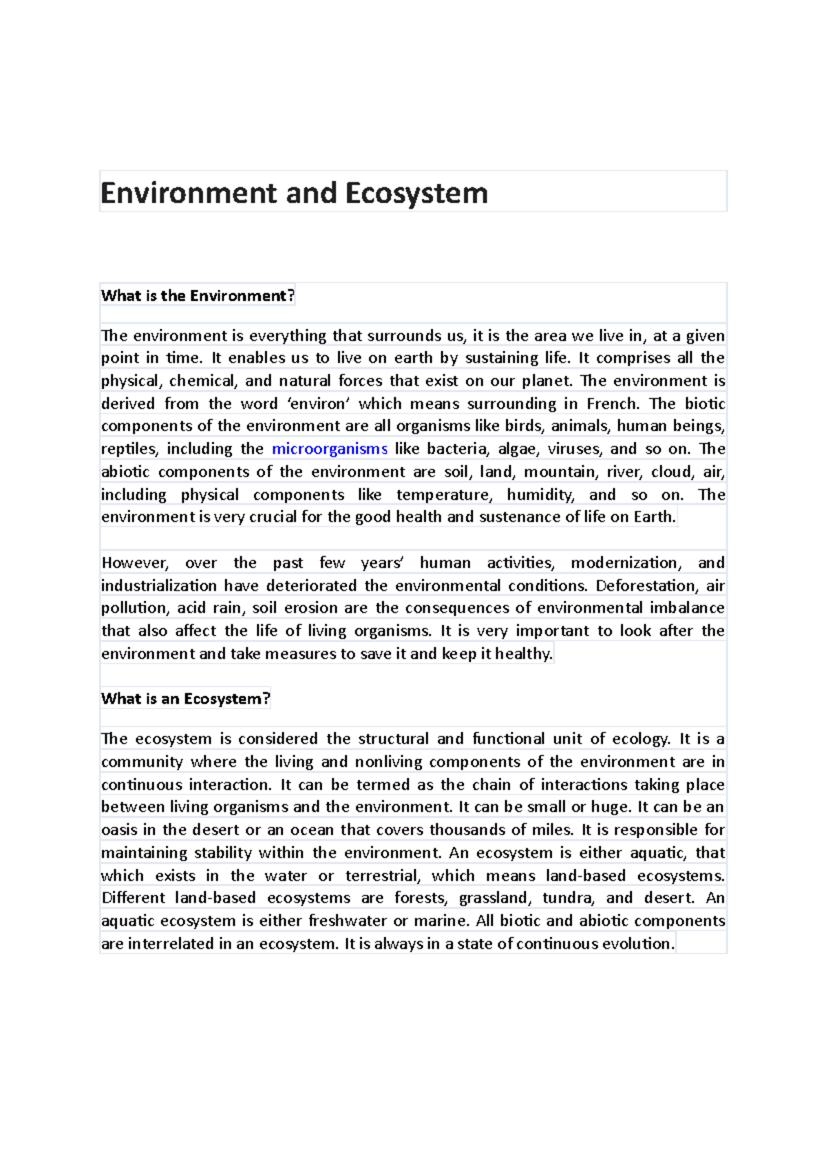 Environment remaining notes - Environment and Ecosystem What is the ...