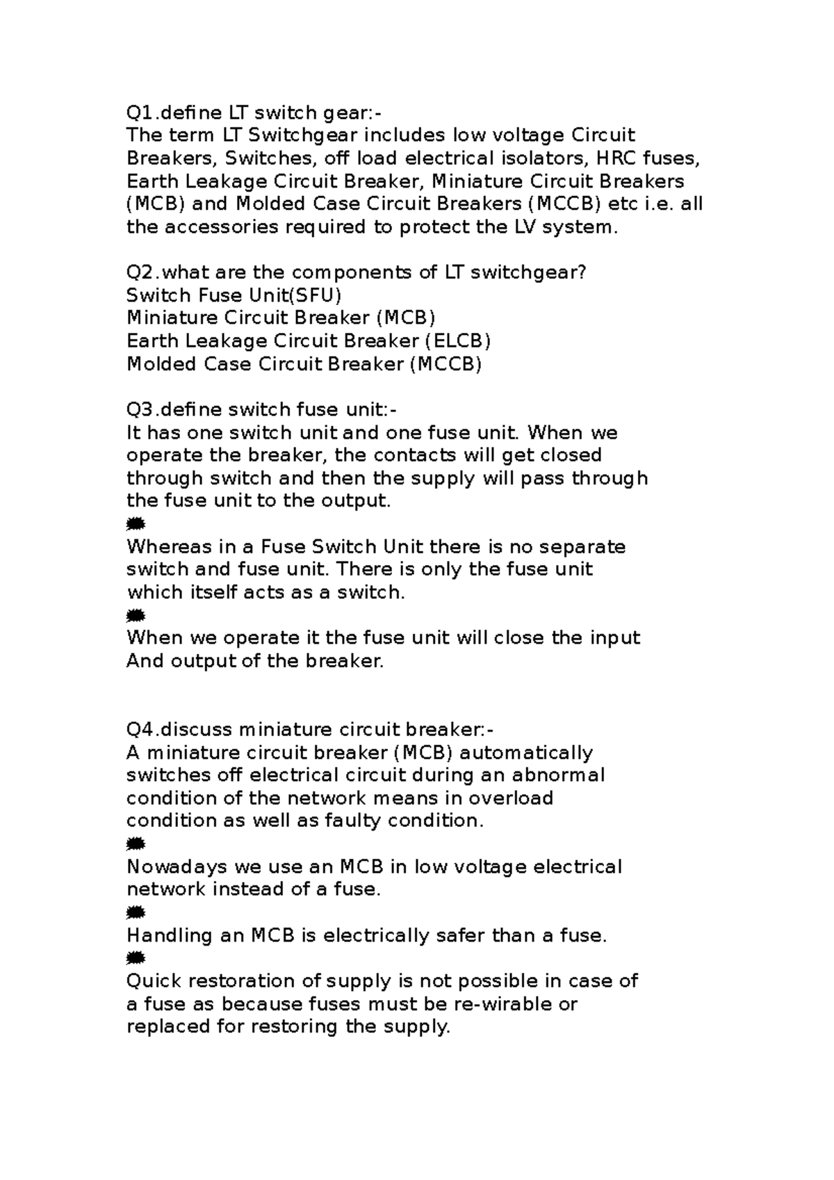 Bee1 introduction to switch gear Q1 LT switch gear The term LT Switchgear includes low