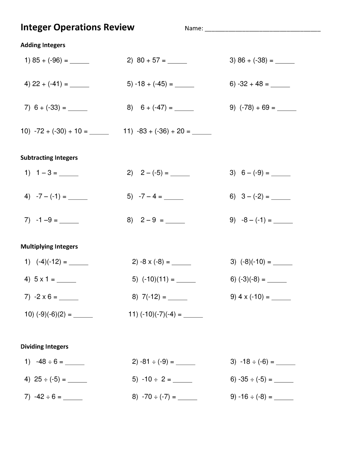 12-integer-operation-worksheet-integer-operations-review-name