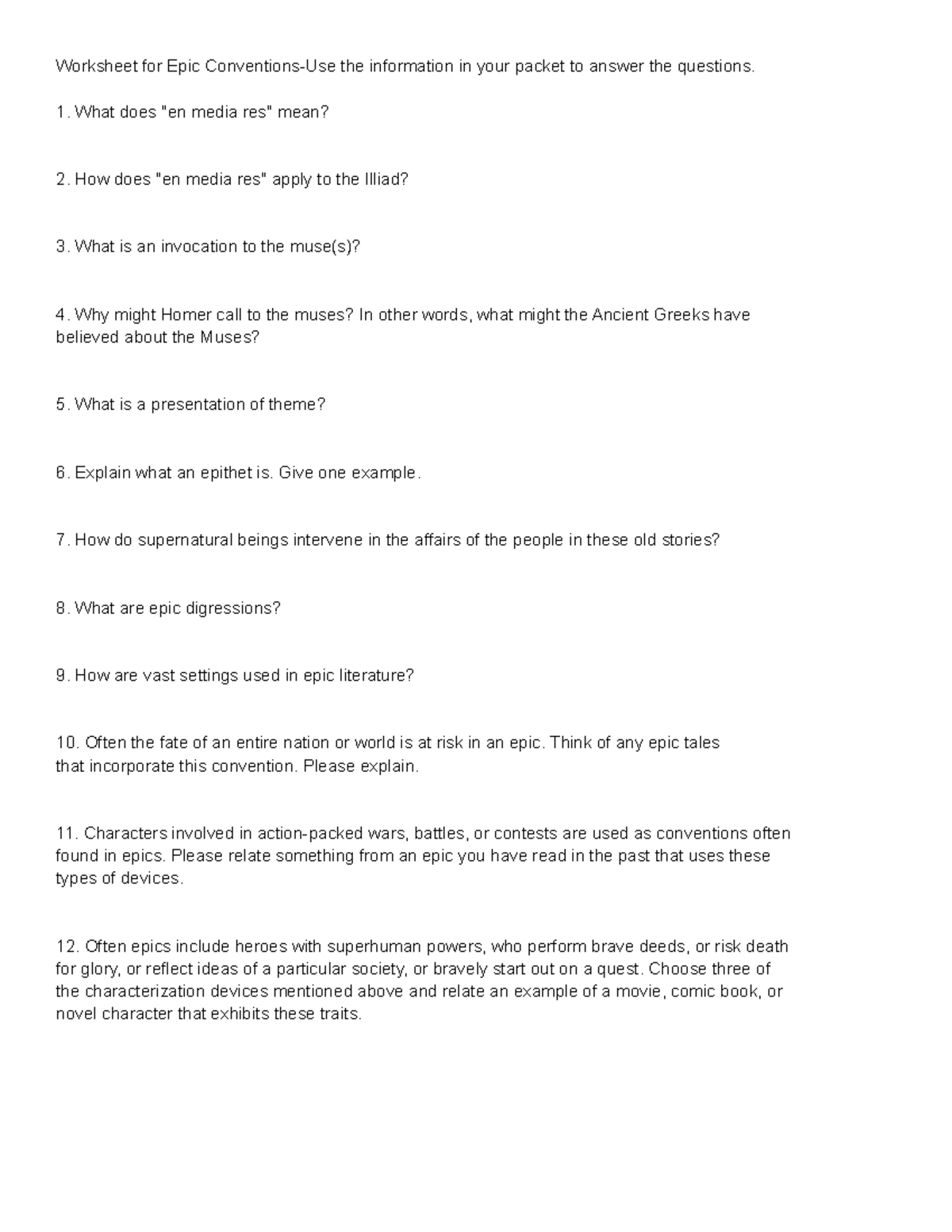 Worksheet for Epic Conventions - What does "en media res" mean?  How does "en media - Studocu