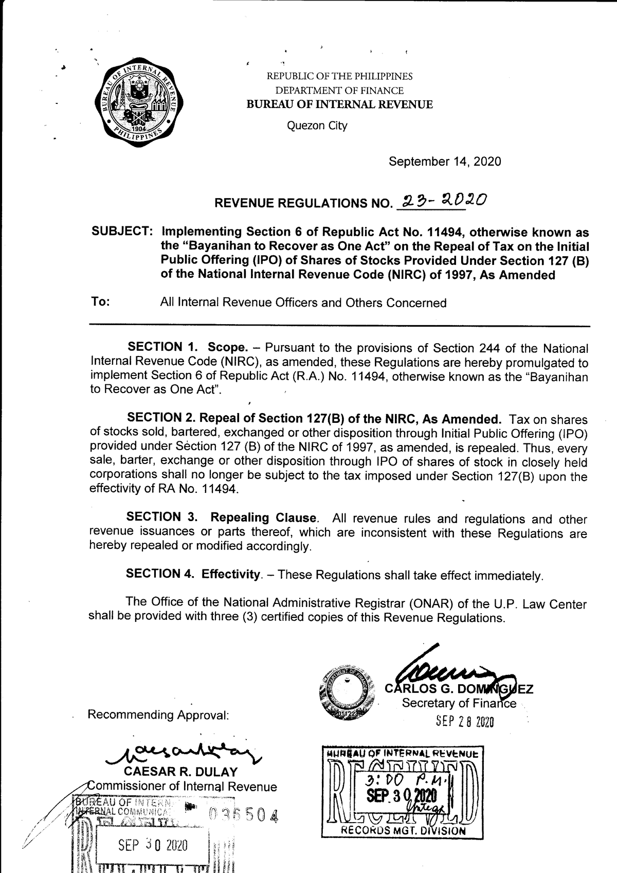 Rr-no - Rr 23 2020 - R': REPUBLIC OF THE PHILIPPINES DEPARTMENT OF ...