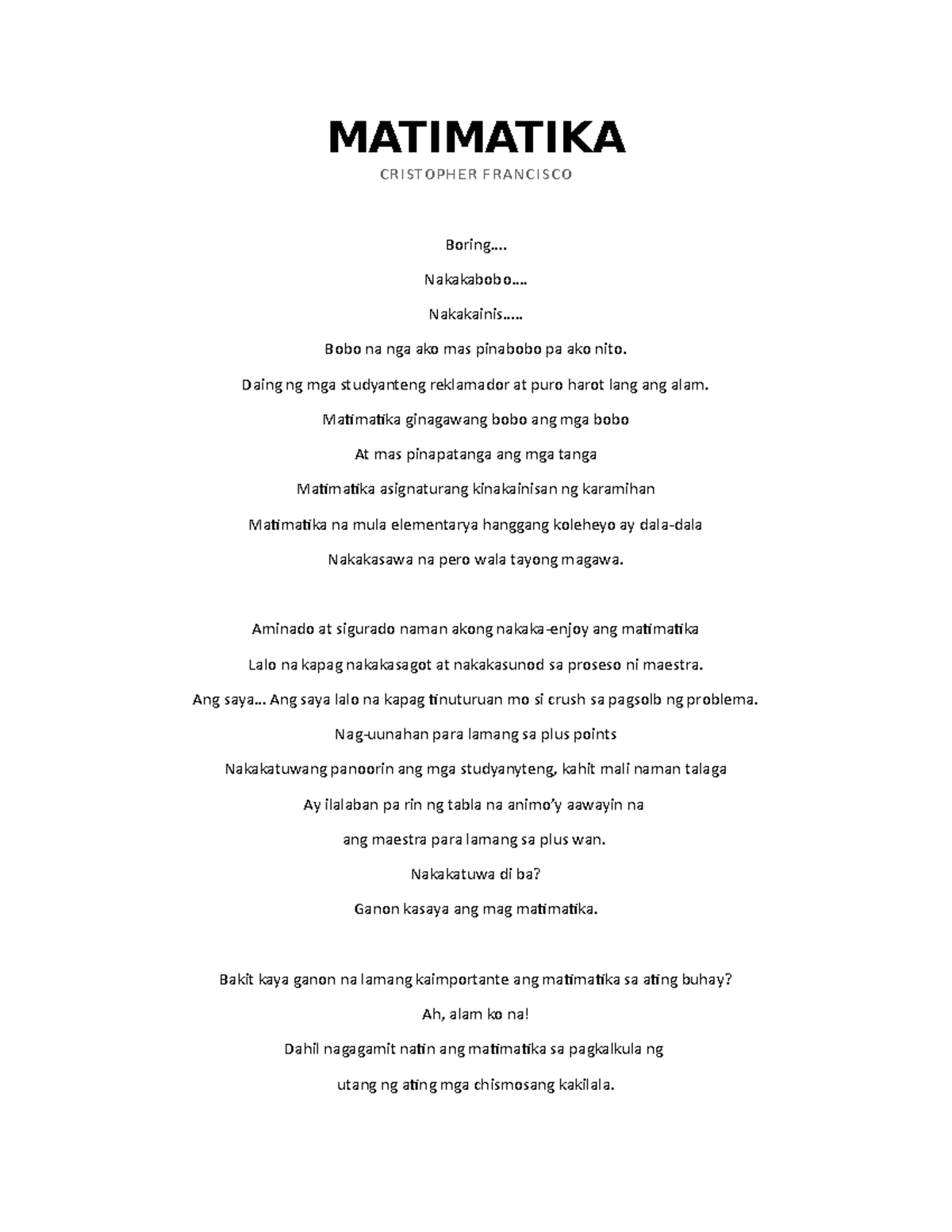 Matimatika spoken - MATIMATIKA CRISTOPHER FRANCISCO Boring ...