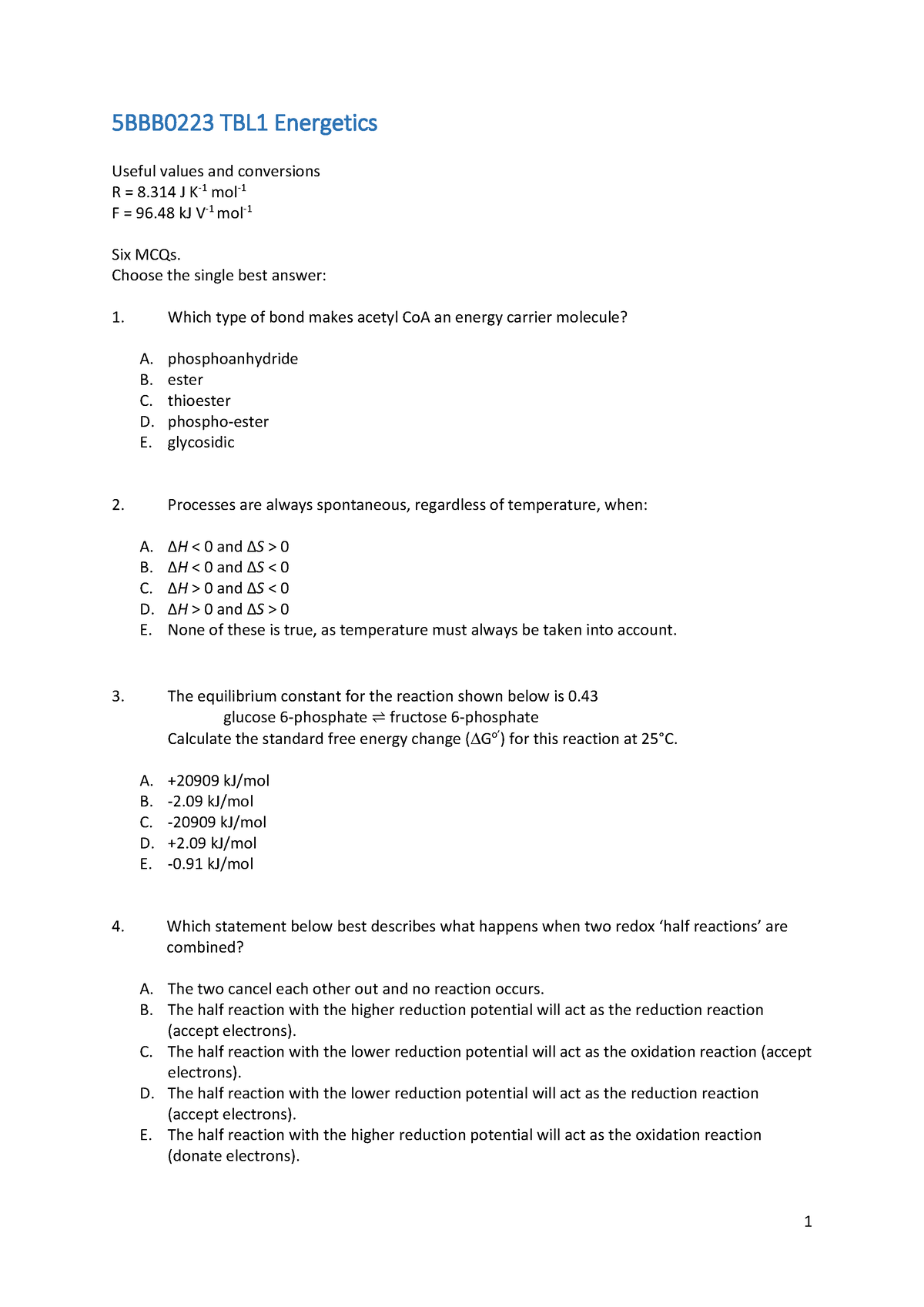 2022 Energetics TBL1 MCQ Questions - 1 5 BBB 0223 TBL1 Energetics ...