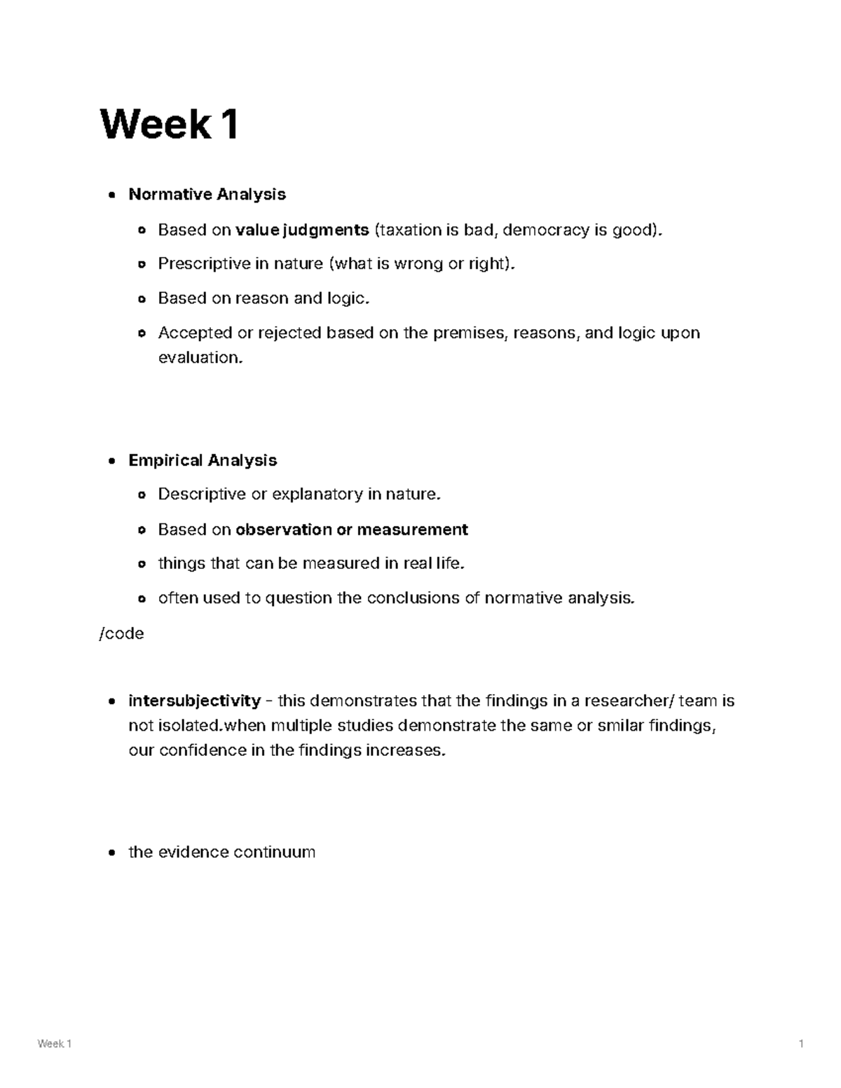 Week 1 lecture notes - Week 1 Normative Analysis Based on value ...