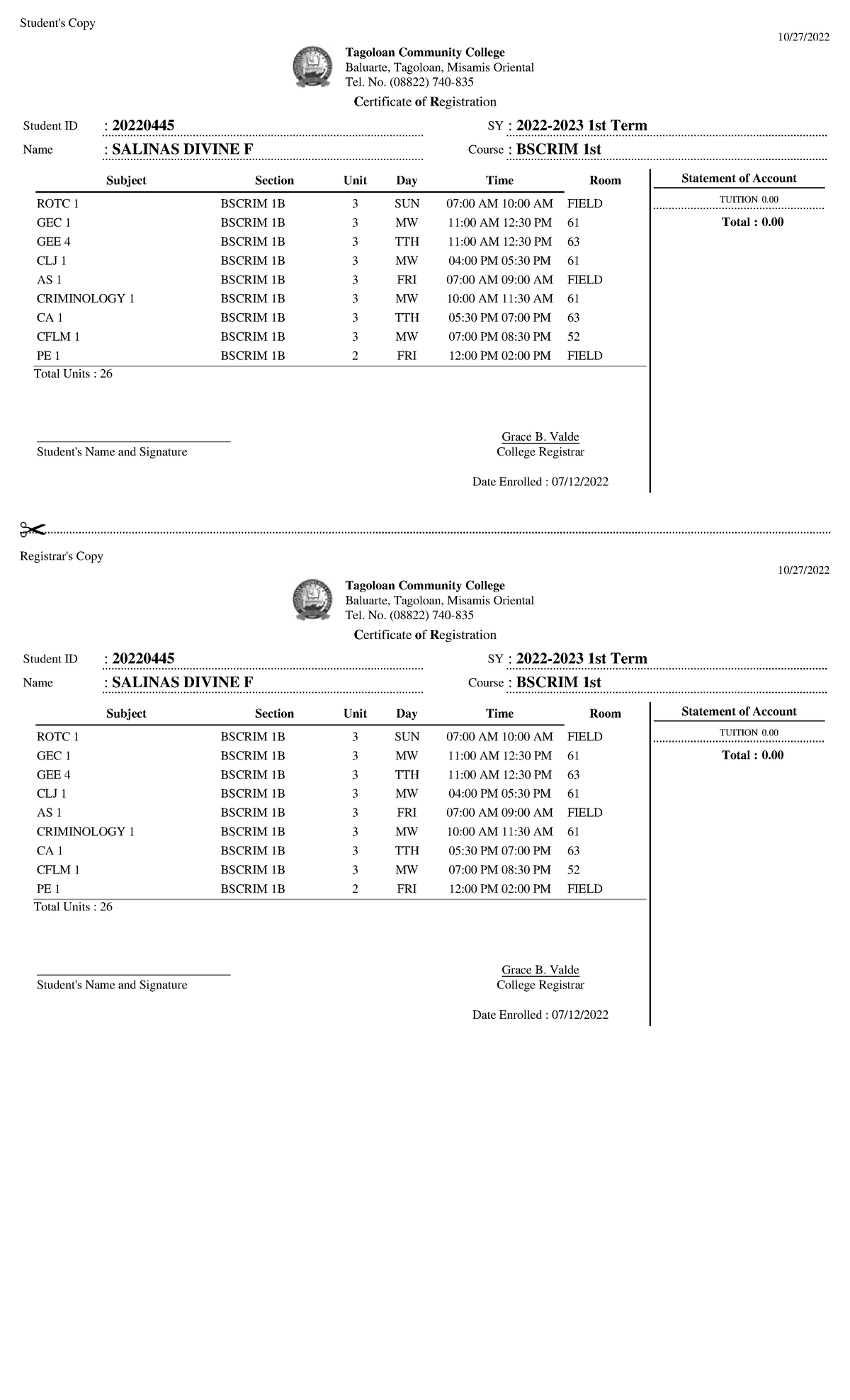 20220445-2 - haha - Student's Copy 10/27/ Tagoloan Community College ...