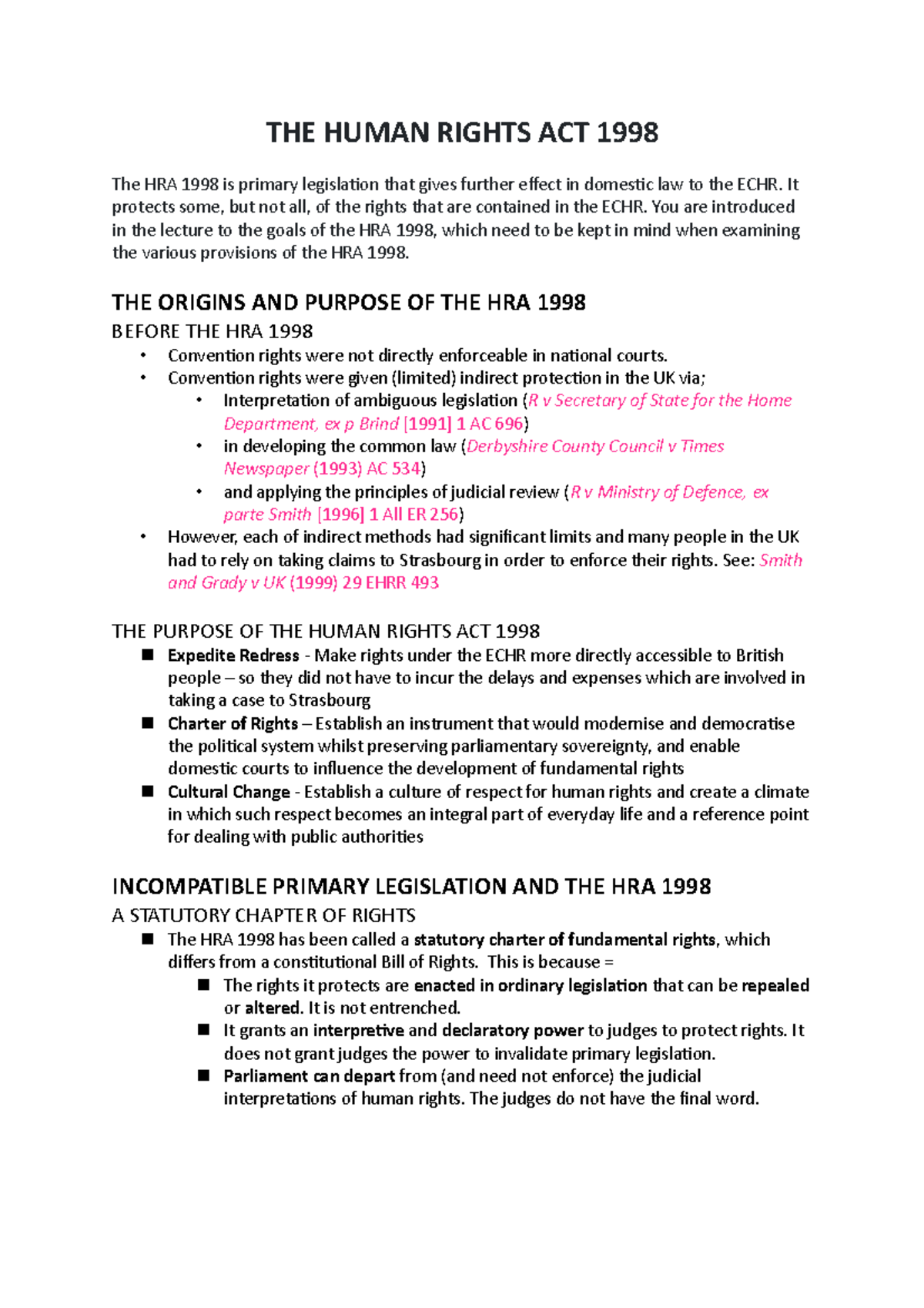 Key Points Of Human Rights Act 1998