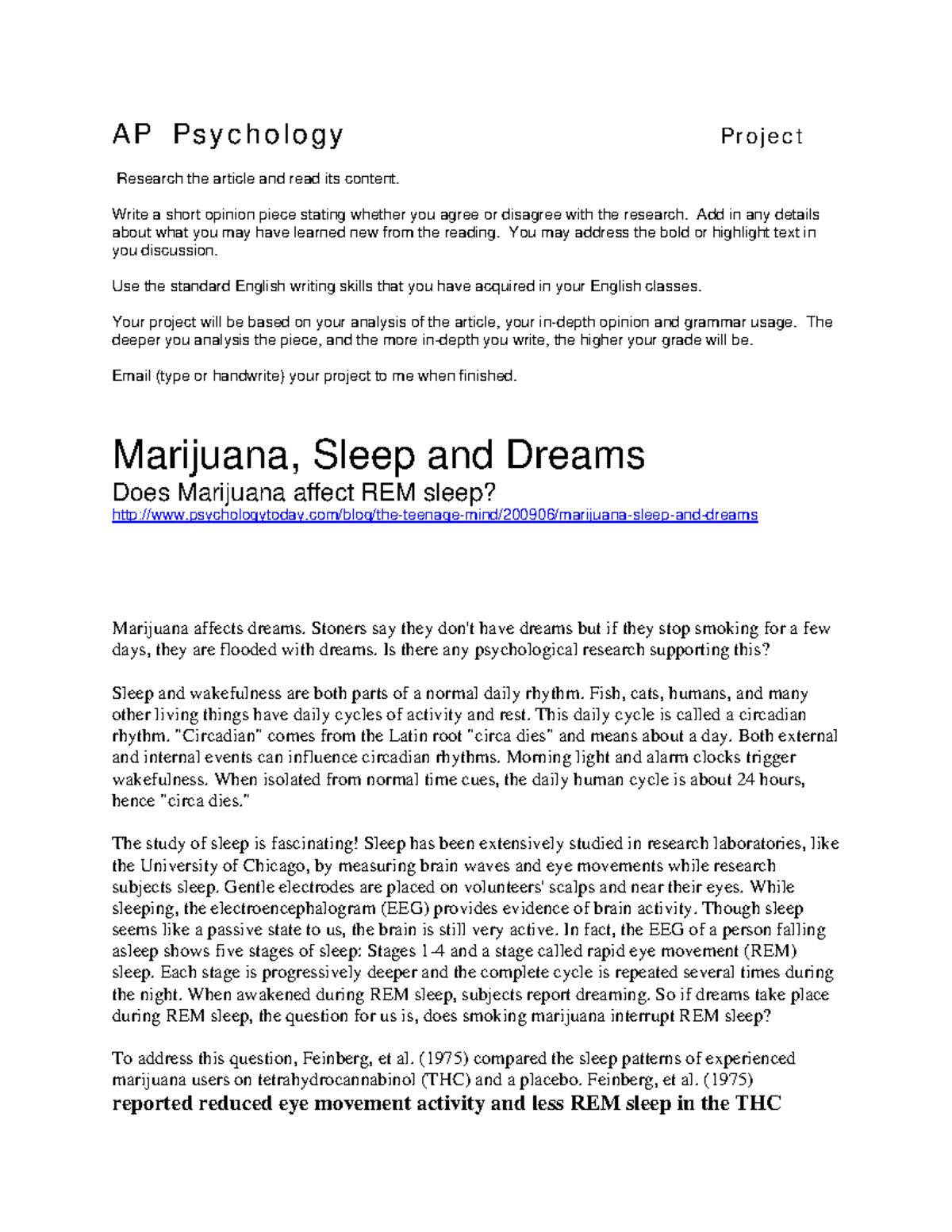 Ch 5 Dope and Dreams AP Psychology Project Research the article and