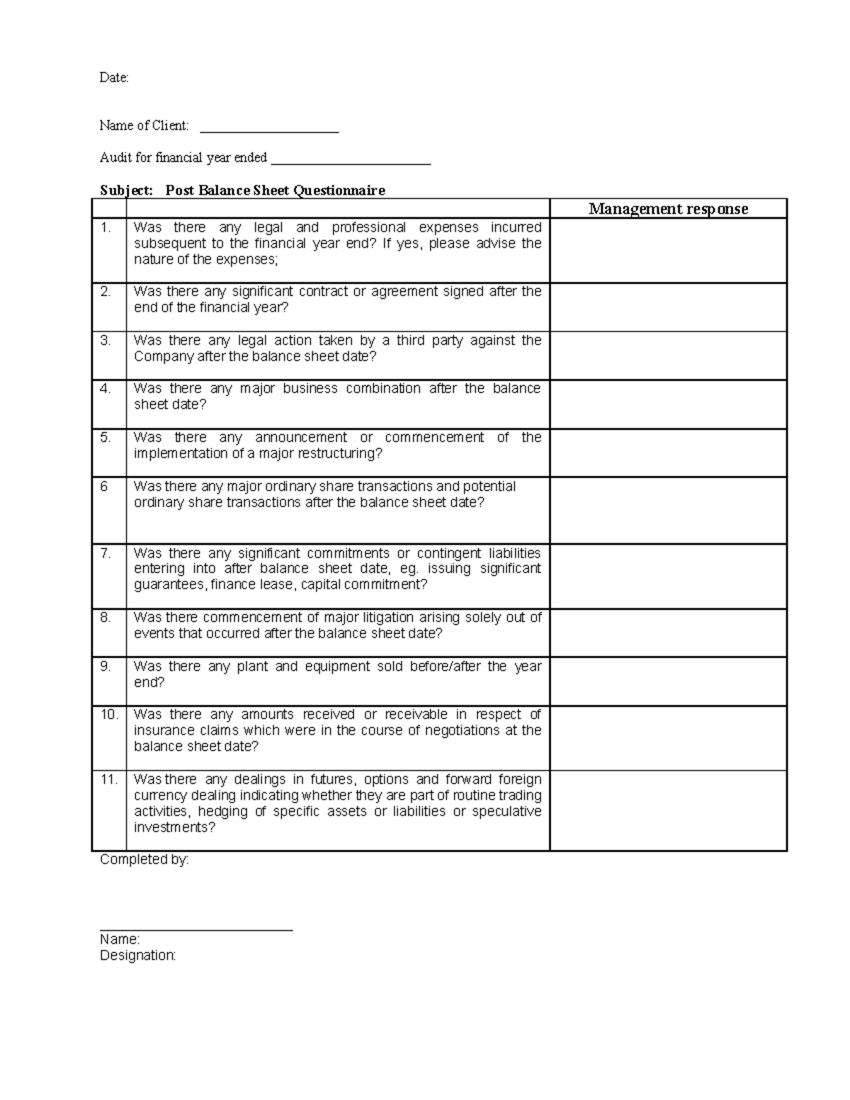 Post BS questionnaire template - Auditing - MMU - Studocu