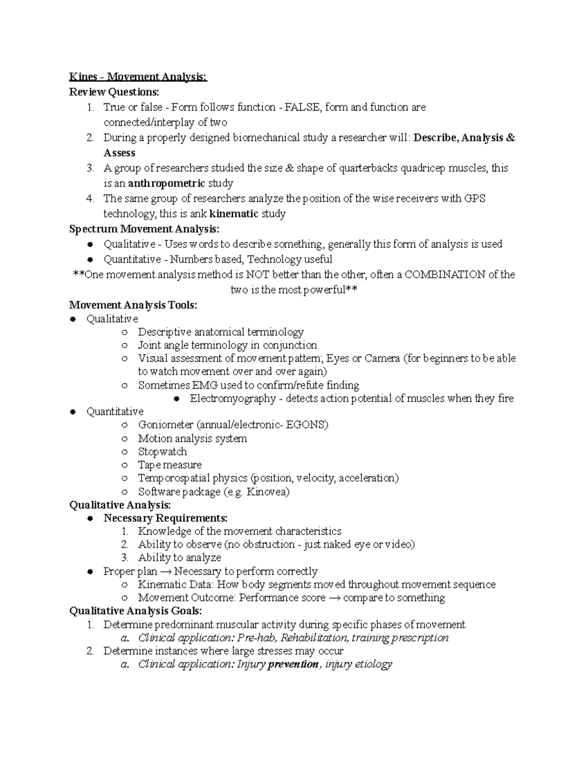 Kines - Movement Analysis - Kines - Movement Analysis: Review Questions ...