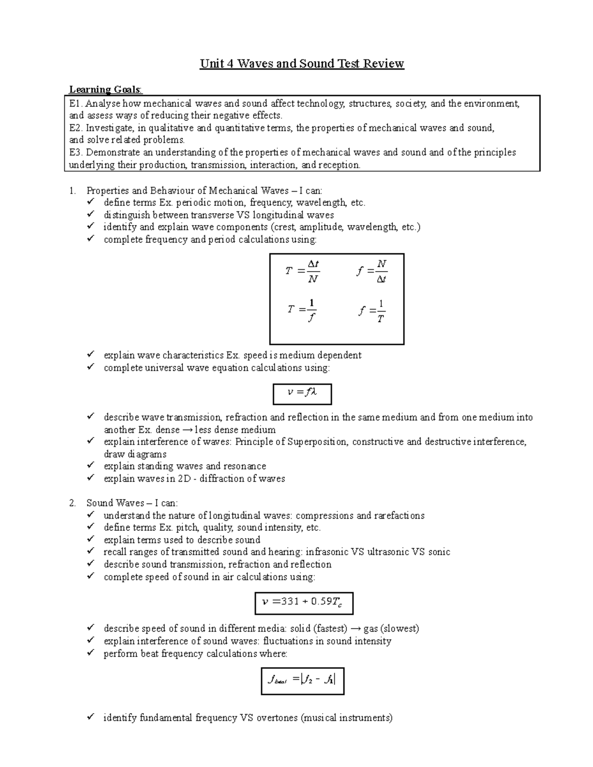 Unit 4 waves and sound test review lg Unit 4 Waves and Sound Test
