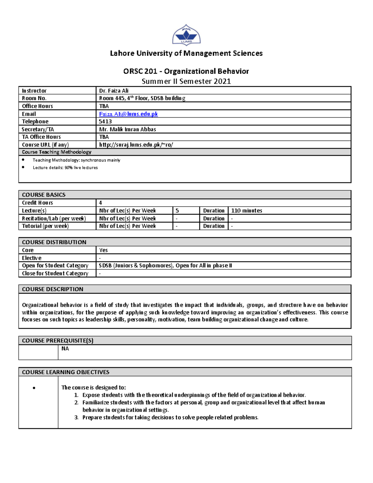 ORSC 201- Organizational Behavior- Summer 2021 - ORSC 201 ...