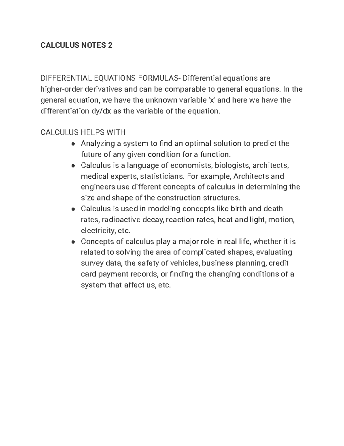 Calculus Notes 2 Calculus Notes 2 Differential Equations Formulas