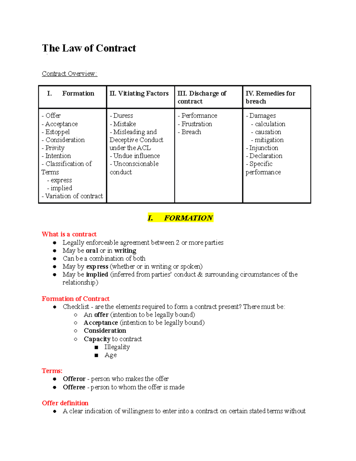 BELE Lecture Notes - The Law Of Contract Contract Overview: I ...