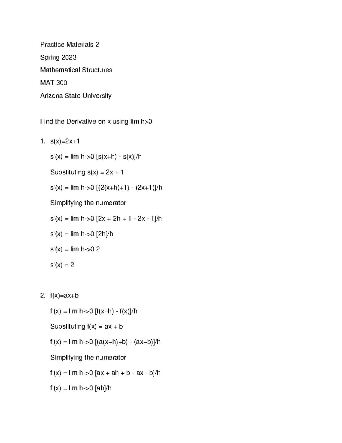 Derivative on x using limit practice materials 2 practice materials 2
