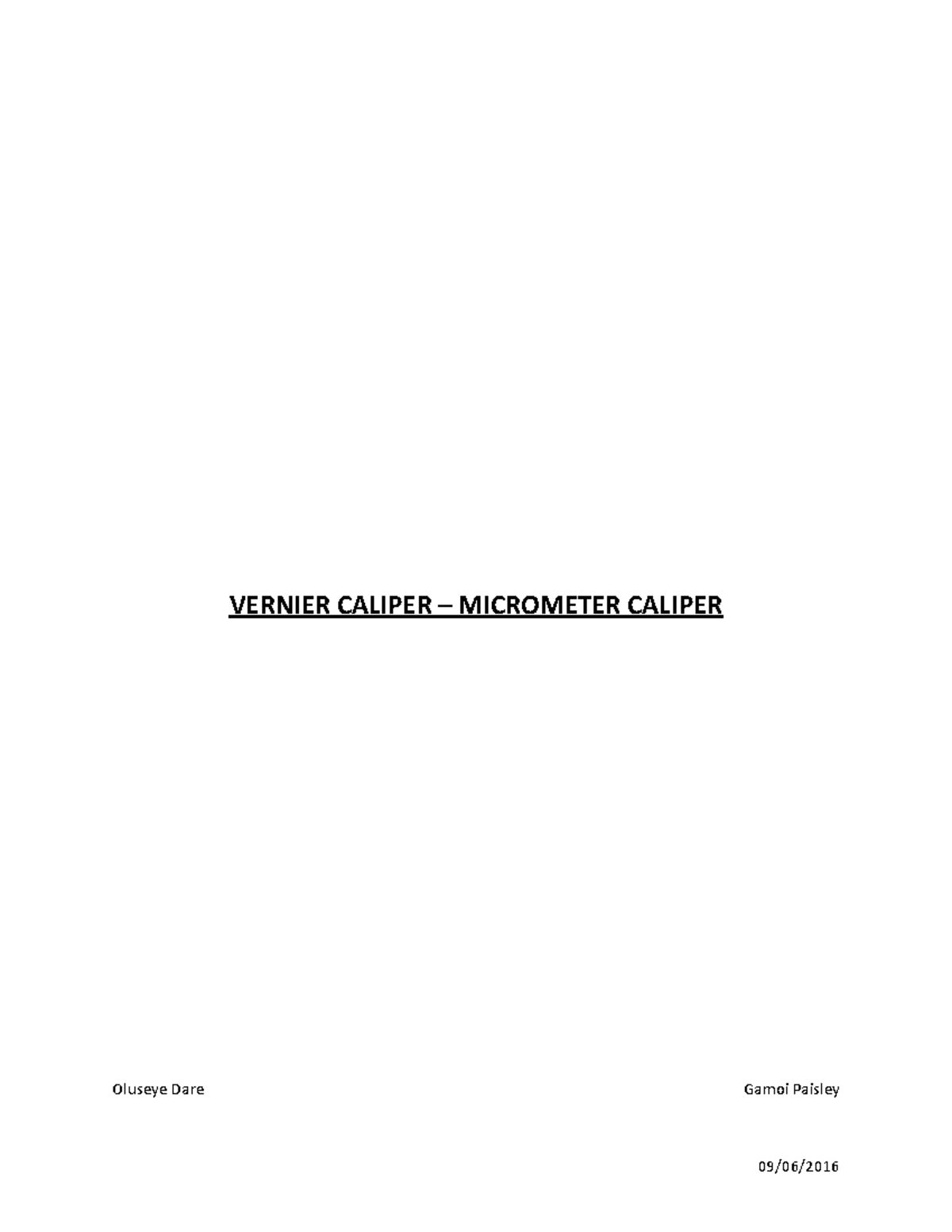 Week 2 phy lab report VERNIER CALIPER MICROMETER CALIPER