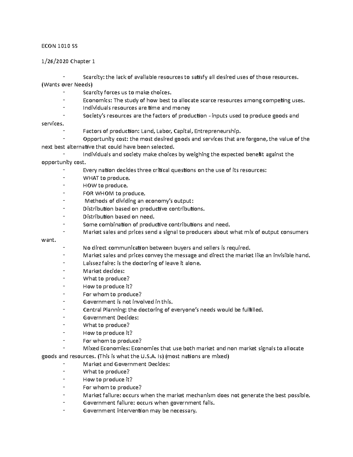 ECON 1010 SS Chapter 1 Notes - ECON 1010 SS 1/26/2020 Chapter 1 ...