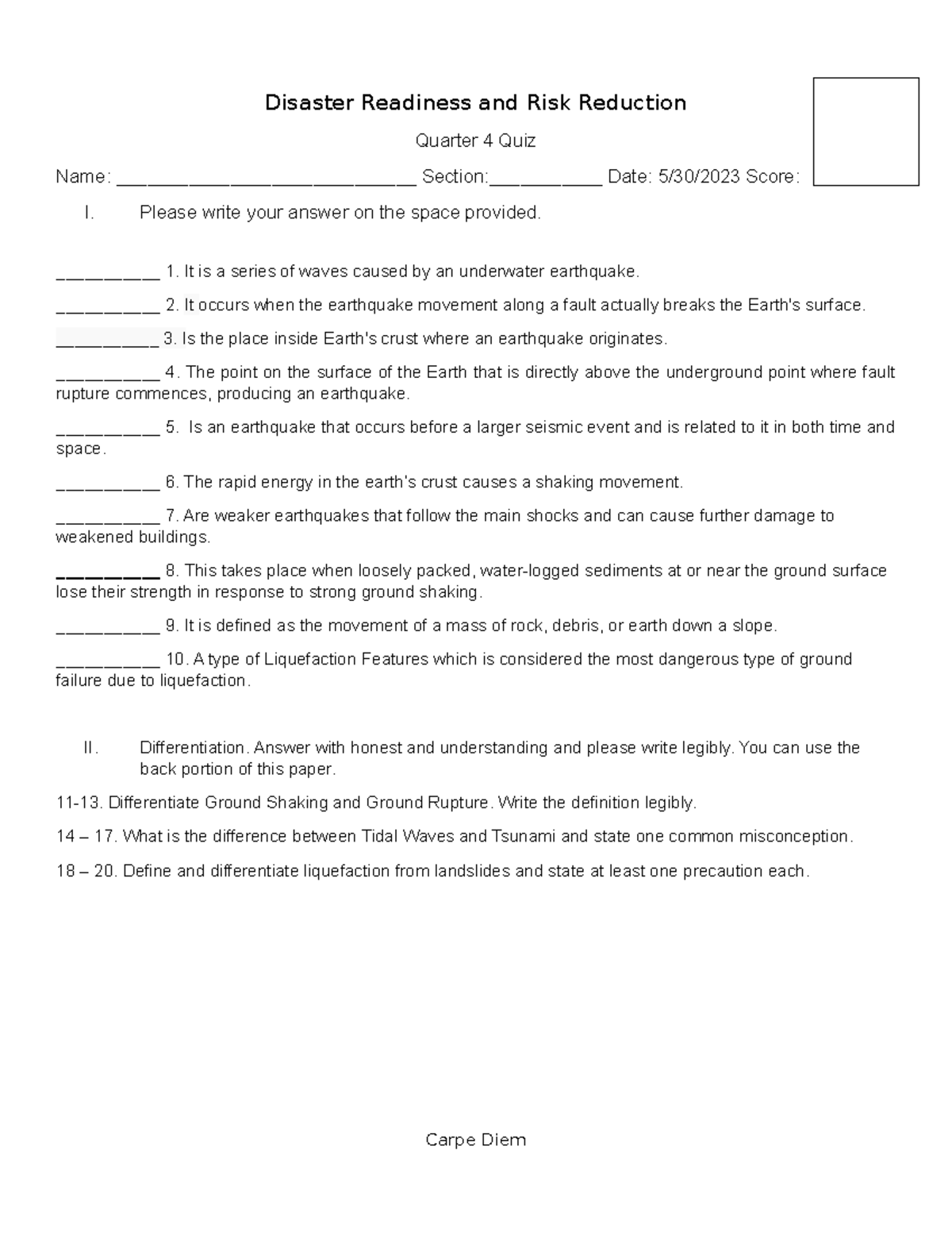 Disaster Readiness and Risk Reduction - Please write your answer on the ...