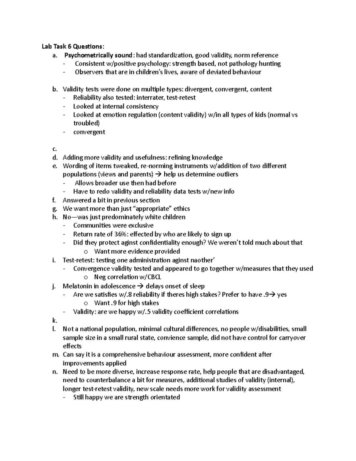 Lab Task 6 Questions - Lab Task 6 Questions : a. Psychometrically sound ...