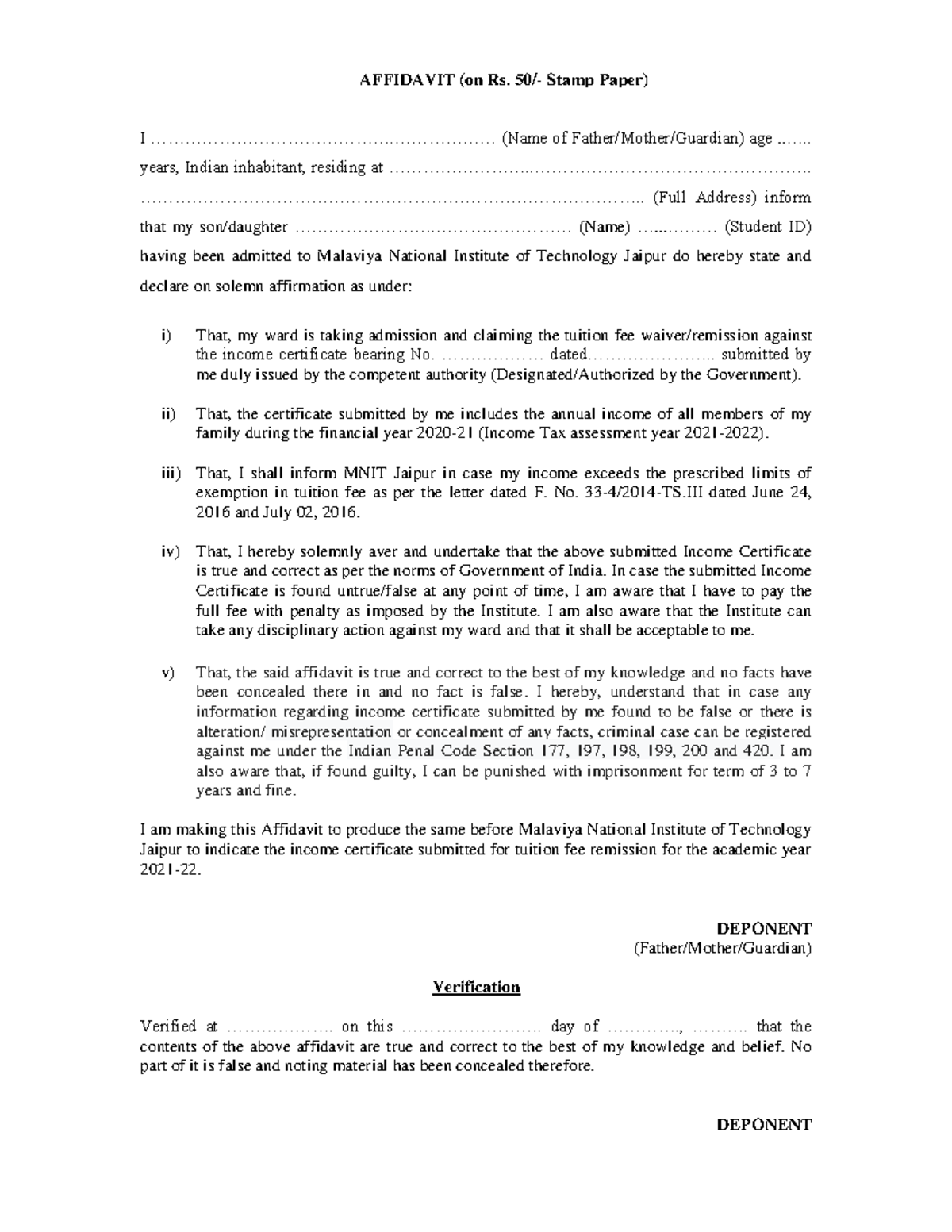 Affidavit Format guguyyu - AFFIDAVIT (on Rs. 50/- Stamp Paper) I - Studocu