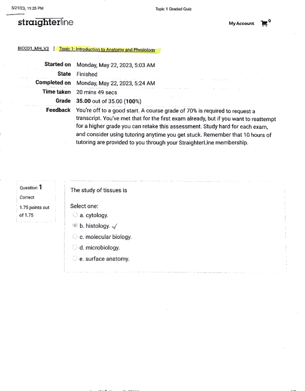 Straighterline Topic 1 Quiz BIO 253 Studocu