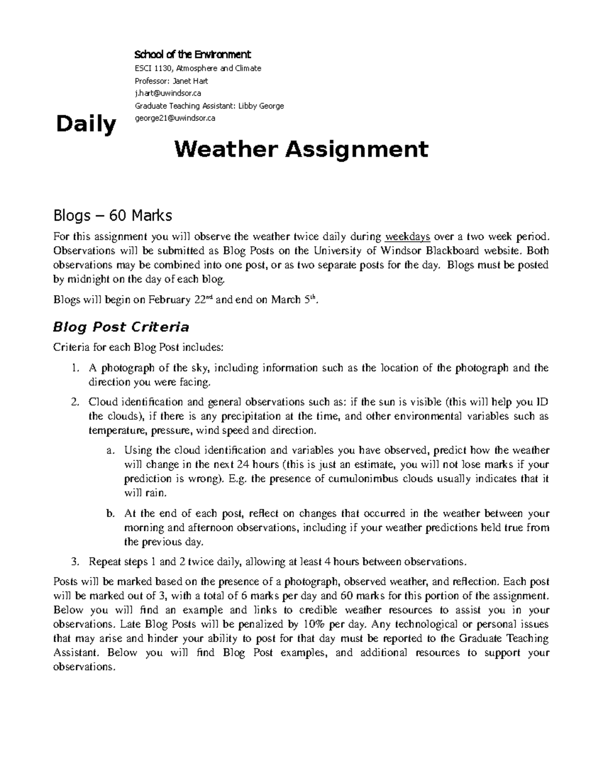 Weather Blogs Assignment Outline - Daily Weather Assignment Blogs – 60 ...