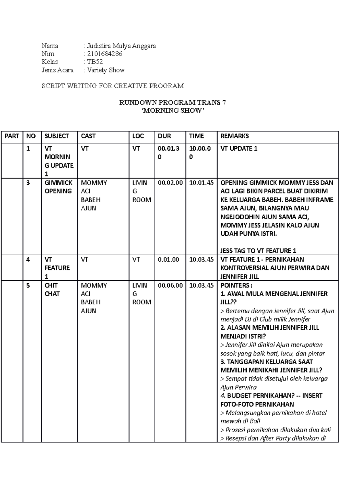 Rundown Morning Show - enrichment - Binus - Studocu