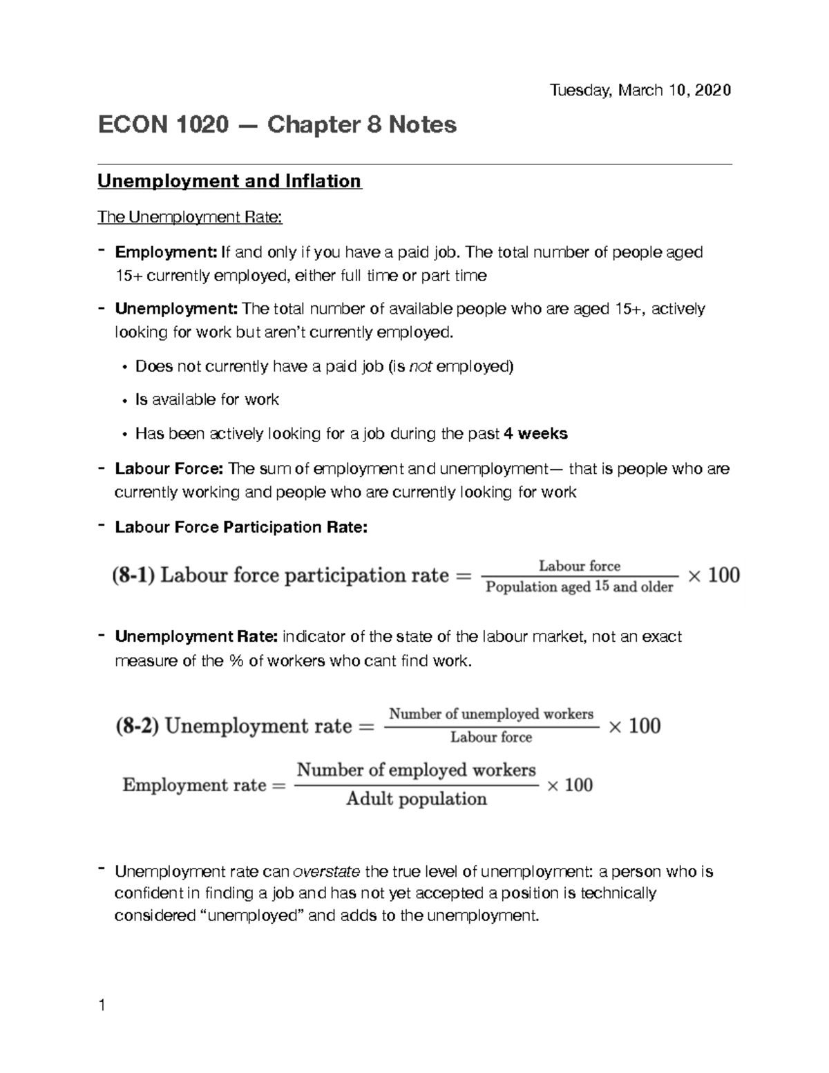 ECON 1020- Chapter 8 Notes - ECON 1020 — Chapter 8 Notes Unemployment ...