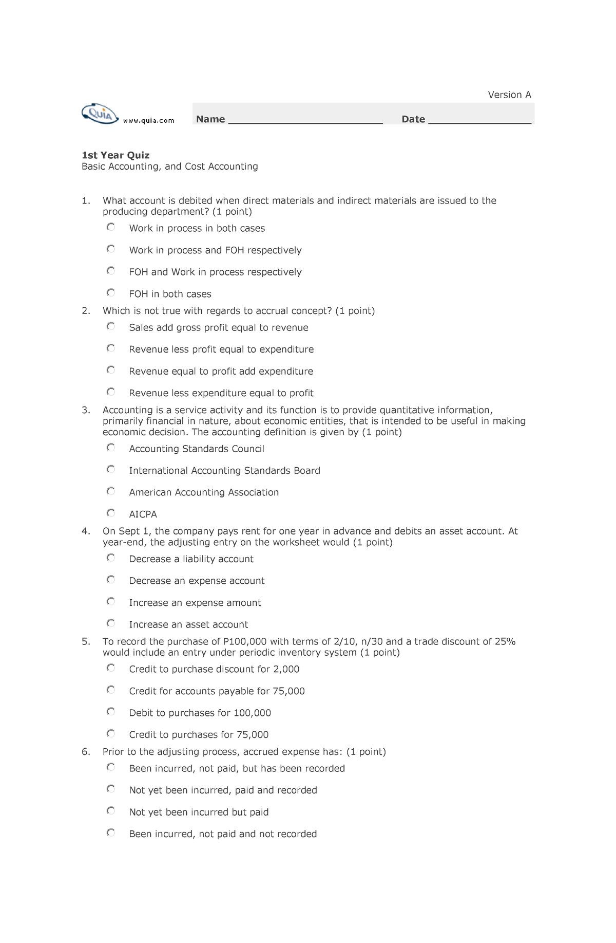 1st Year Answer Key Online Quiz 2021 1st Wave - Version A Name ...