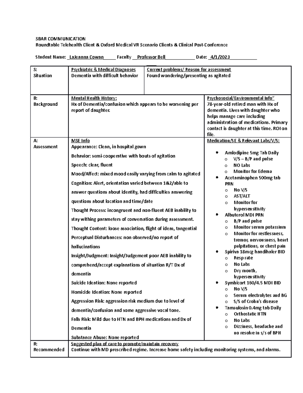 Wilfred Sbar - Completed Sbar - Sbar Communication Roundtable 