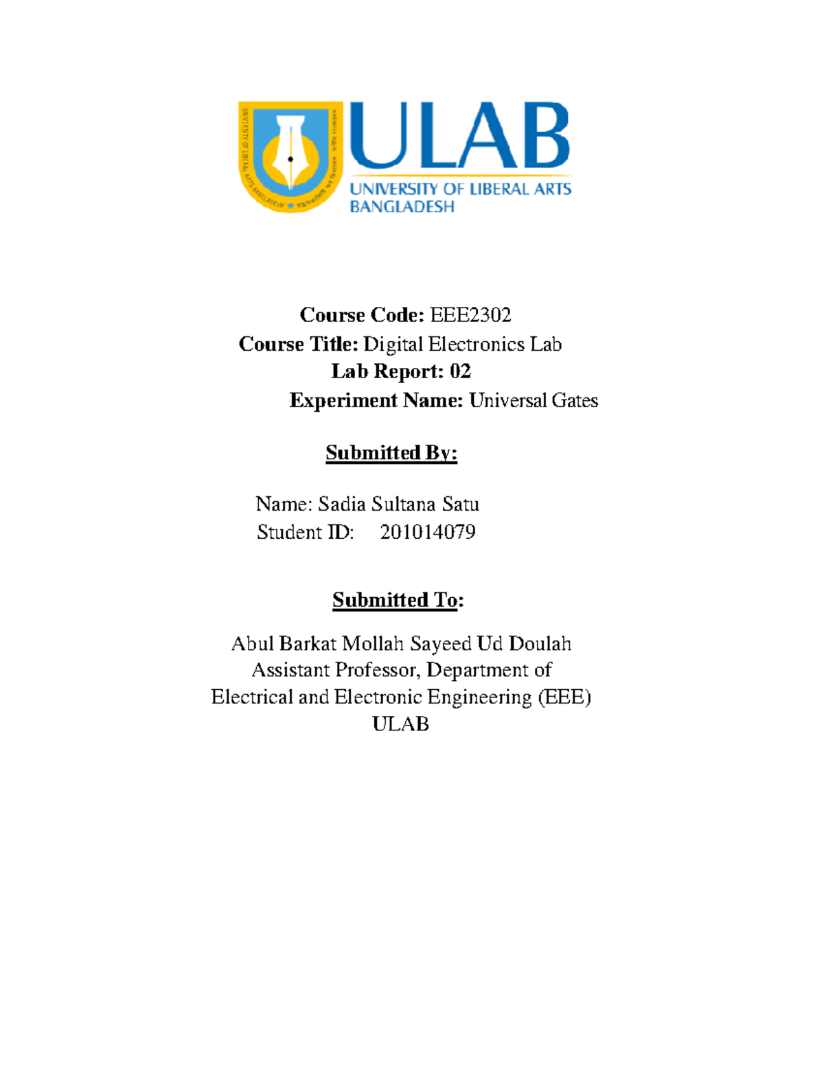 Lab report 2 Course Code EEE Course Title Digital