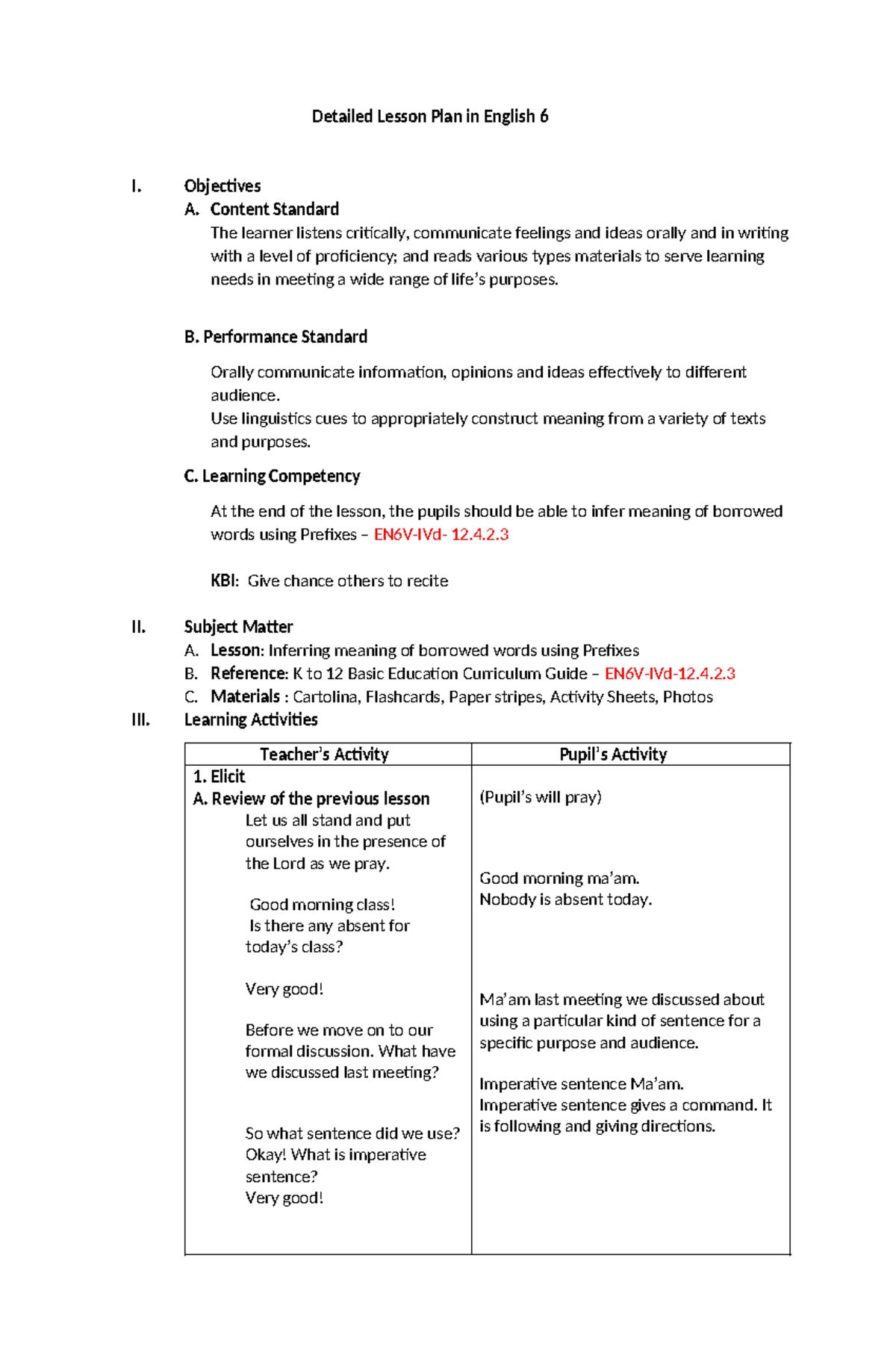 7es Lesson Plan- English 6 - Detailed Lesson Plan In English 6 I ...