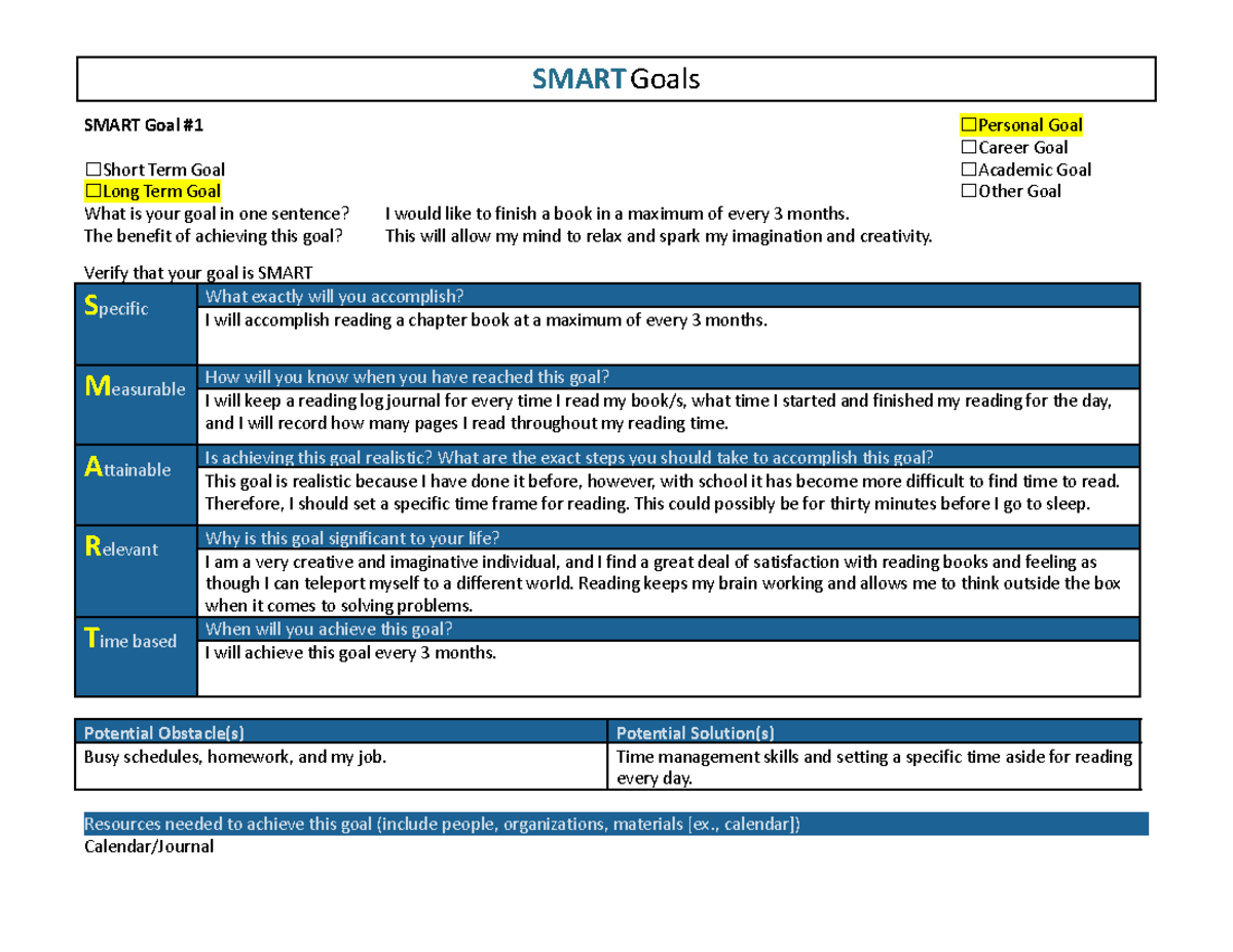 Smart Goals – Christianson - SMART Goals SMART Goal # ☐Short Term Goal ...