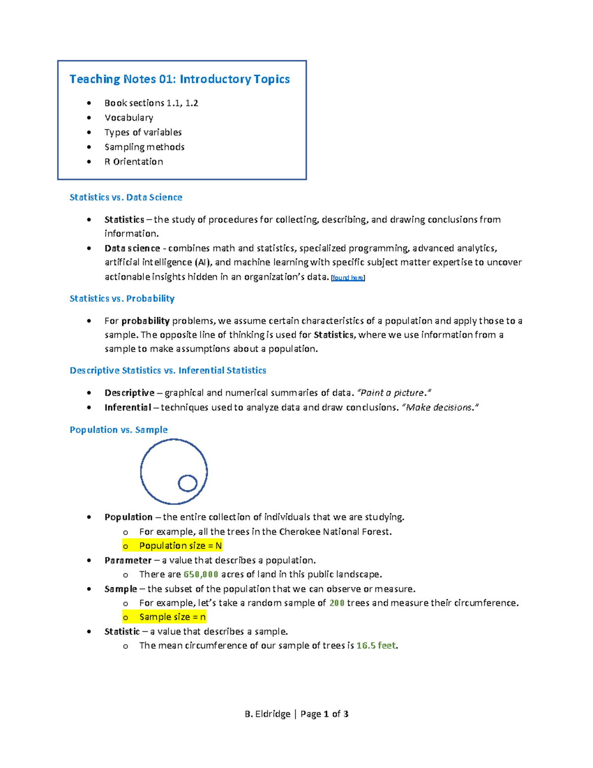 TN 01 - Notes for the course - B. Eldridge | Page 1 of 3 Teaching Notes ...