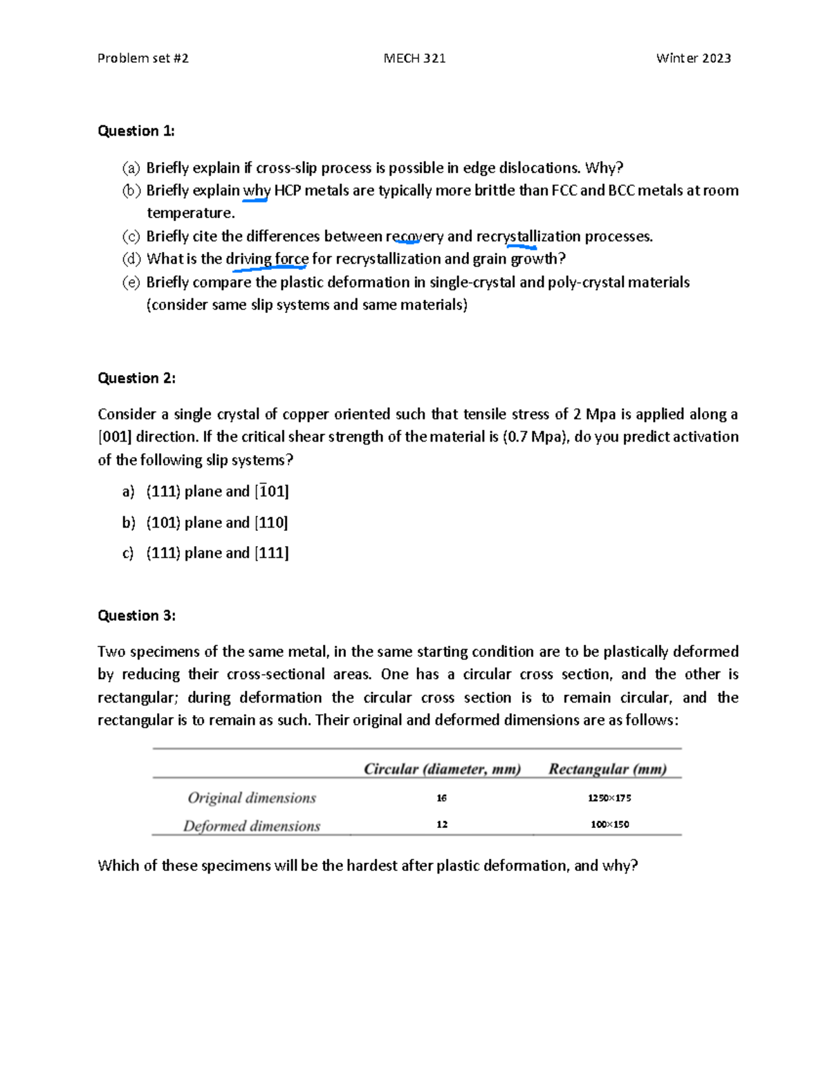 Mech 321 Practice Set - Problem Set #2 MECH 321 Winter 2023 Question 1 ...