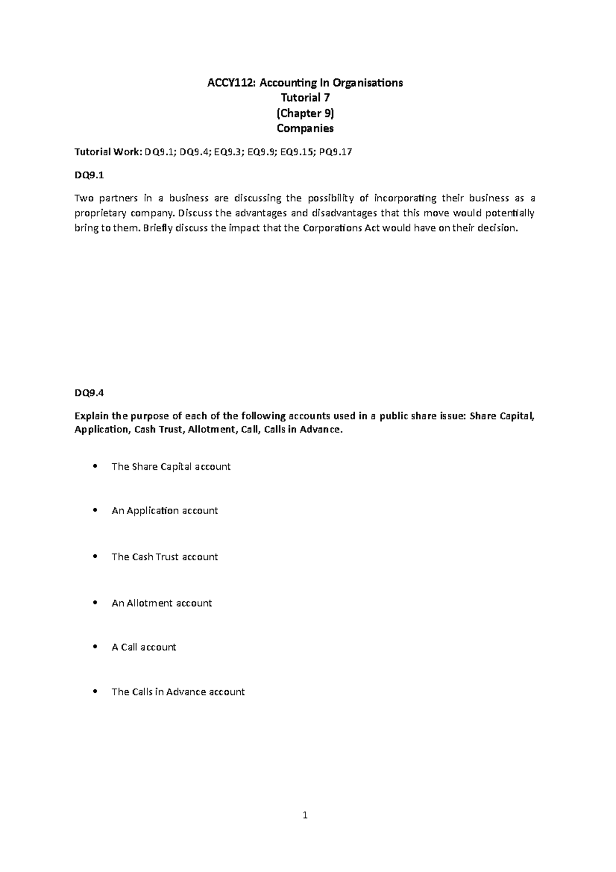 ACCY 112 Tutorial 7 - .... - ACCY112: Accounting In Organisations ...