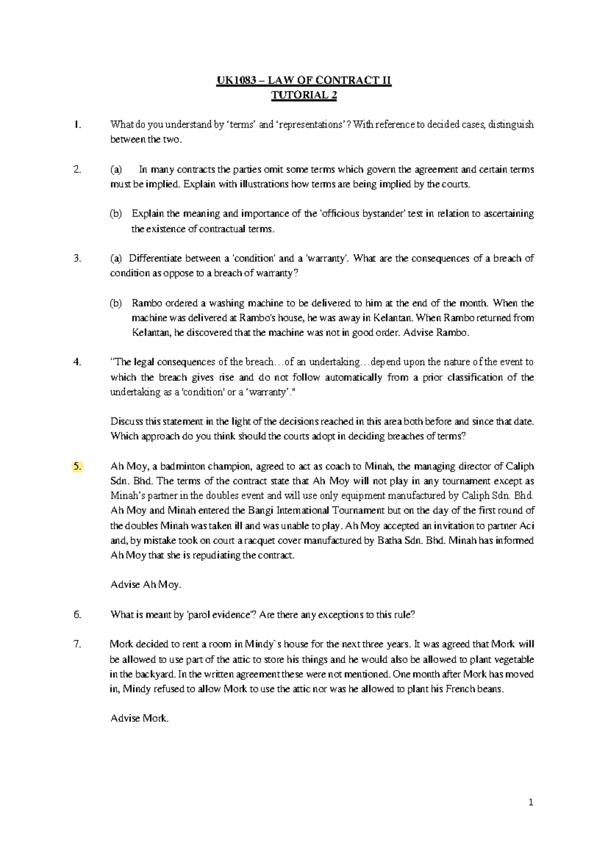 Tutorial 2 - 1 UK1083 – LAW OF CONTRACT II TUTORIAL 2 What do you ...