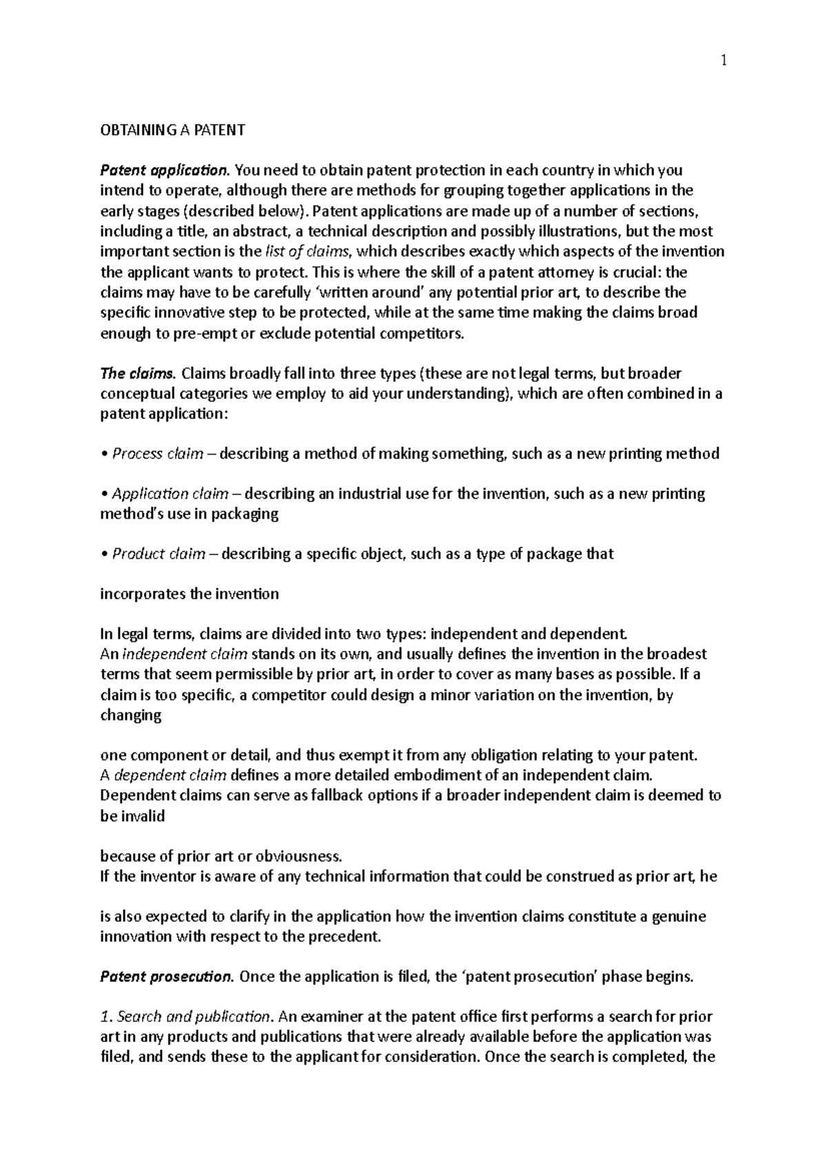 Notes-3 - ES L3 - 1 OBTAINING A PATENT Patent application. You need to ...