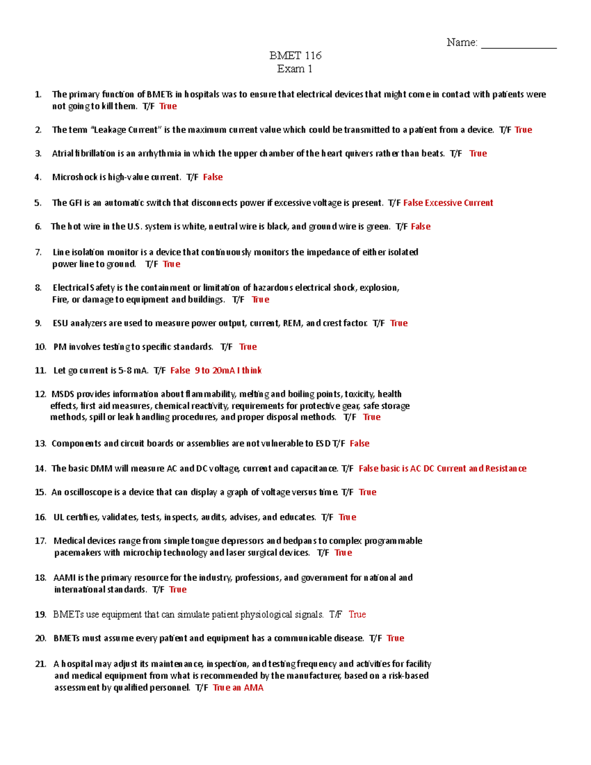 BMET 116 Exam 1 - Test 1 - Name: _____________ BMET 116 Exam 1 The ...