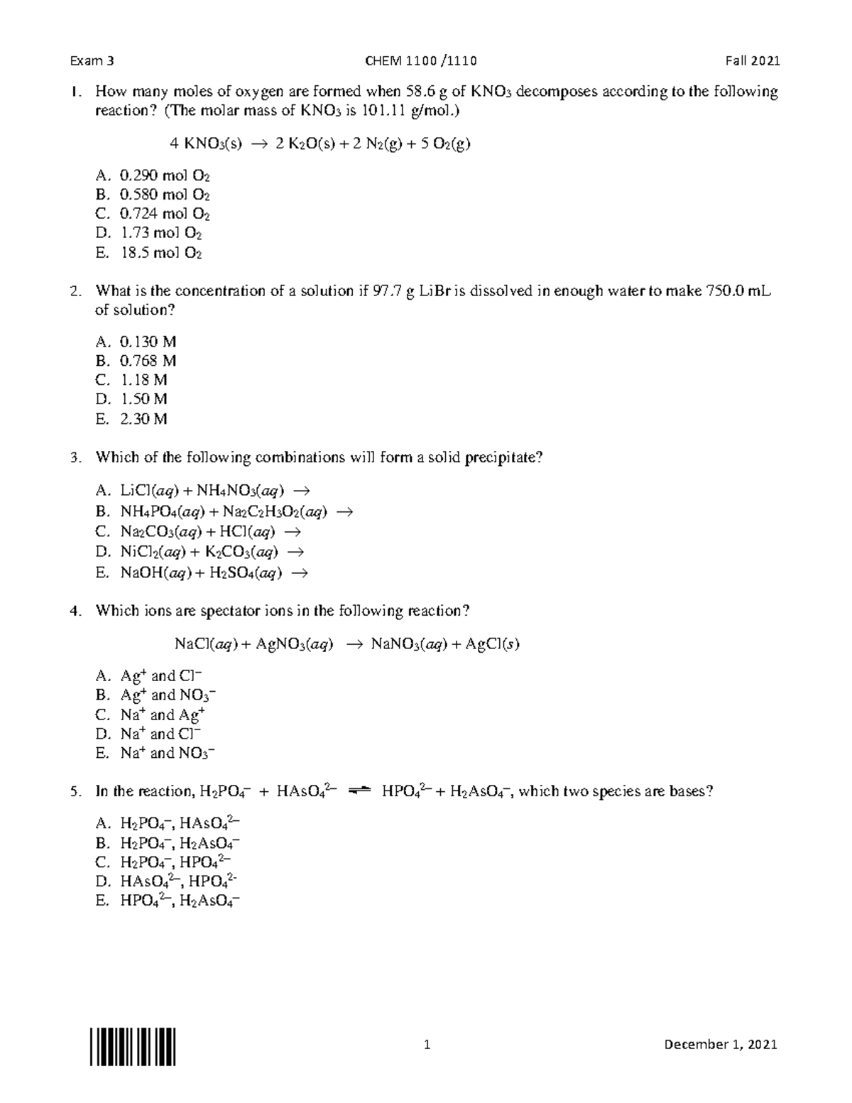 Chem 1 Exam 3 F2021 Form A no key - 1 December 1, 2021 How many moles ...