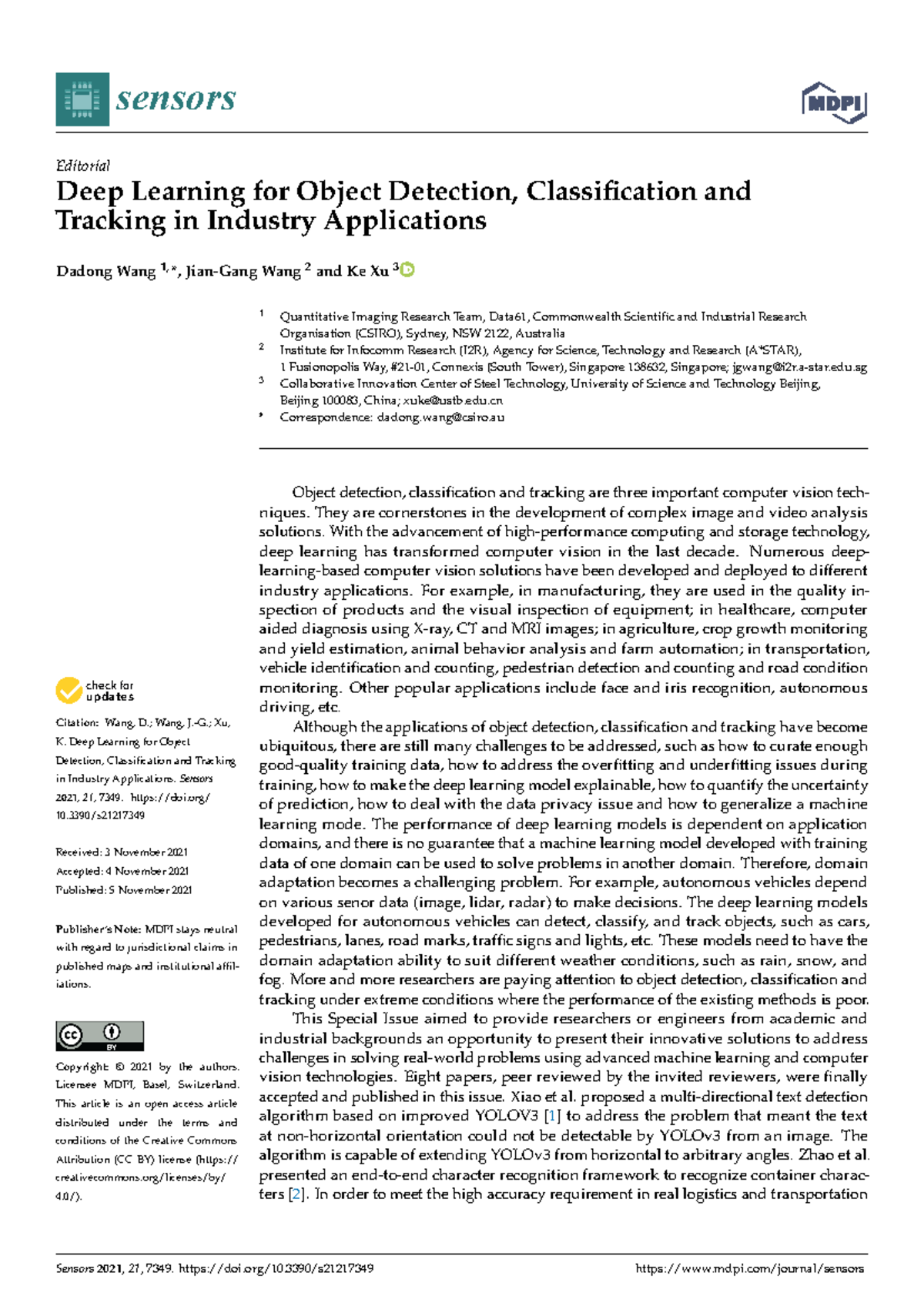 Sensors2107349 sensors Editorial Deep Learning for Object Detection