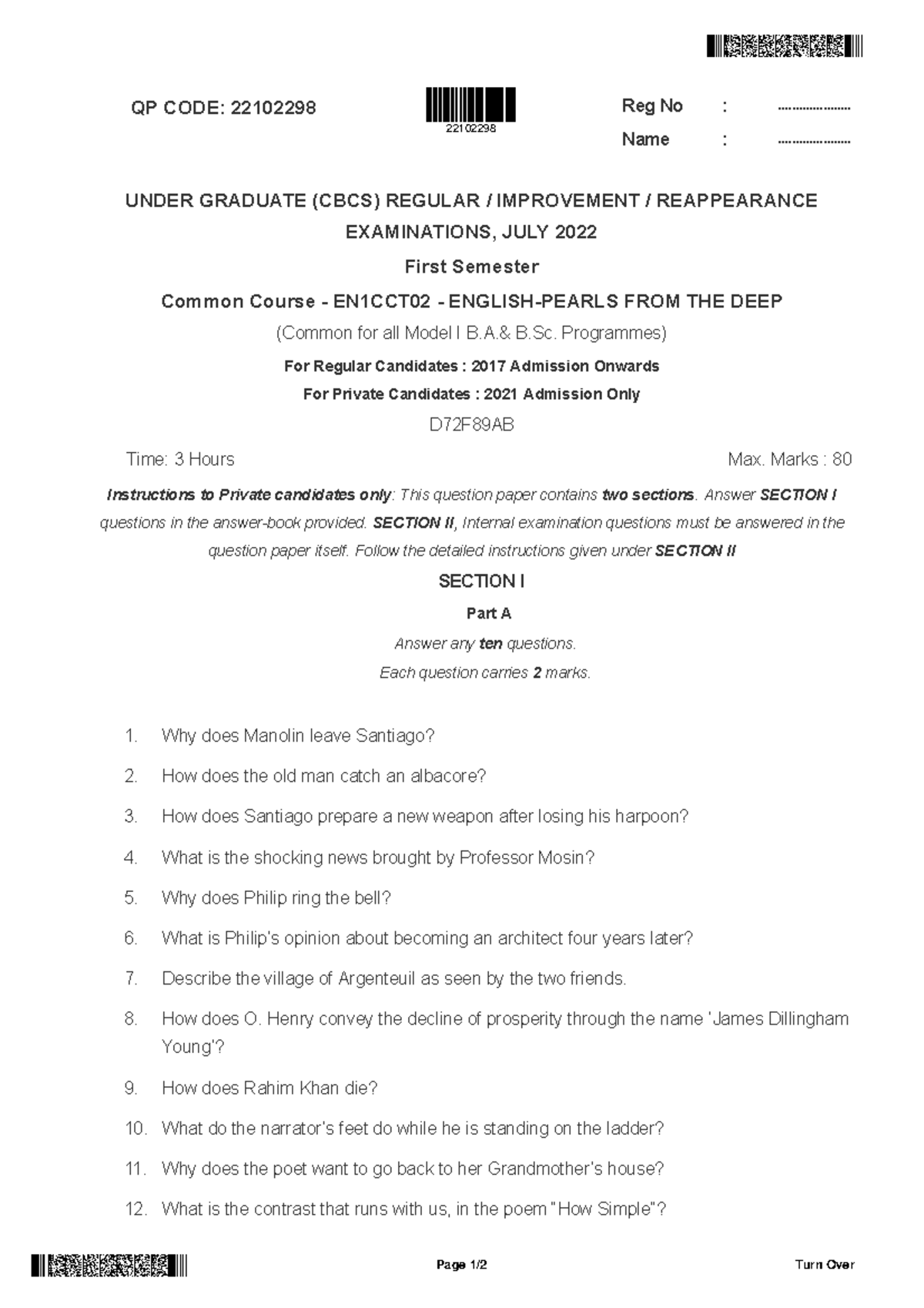 22102298 - It is question papper - QP CODE: 22102298 Reg No ...