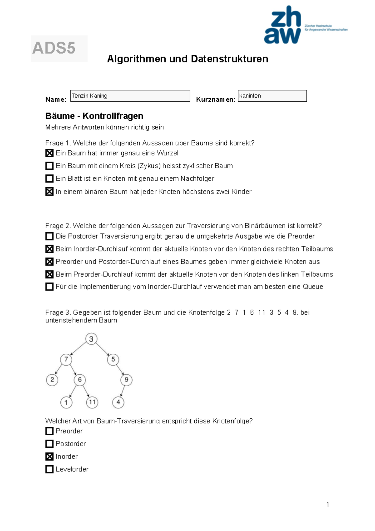 5. Kontrollfragen - Algorithmen und Datenstrukturen Name: Kurznamen ...