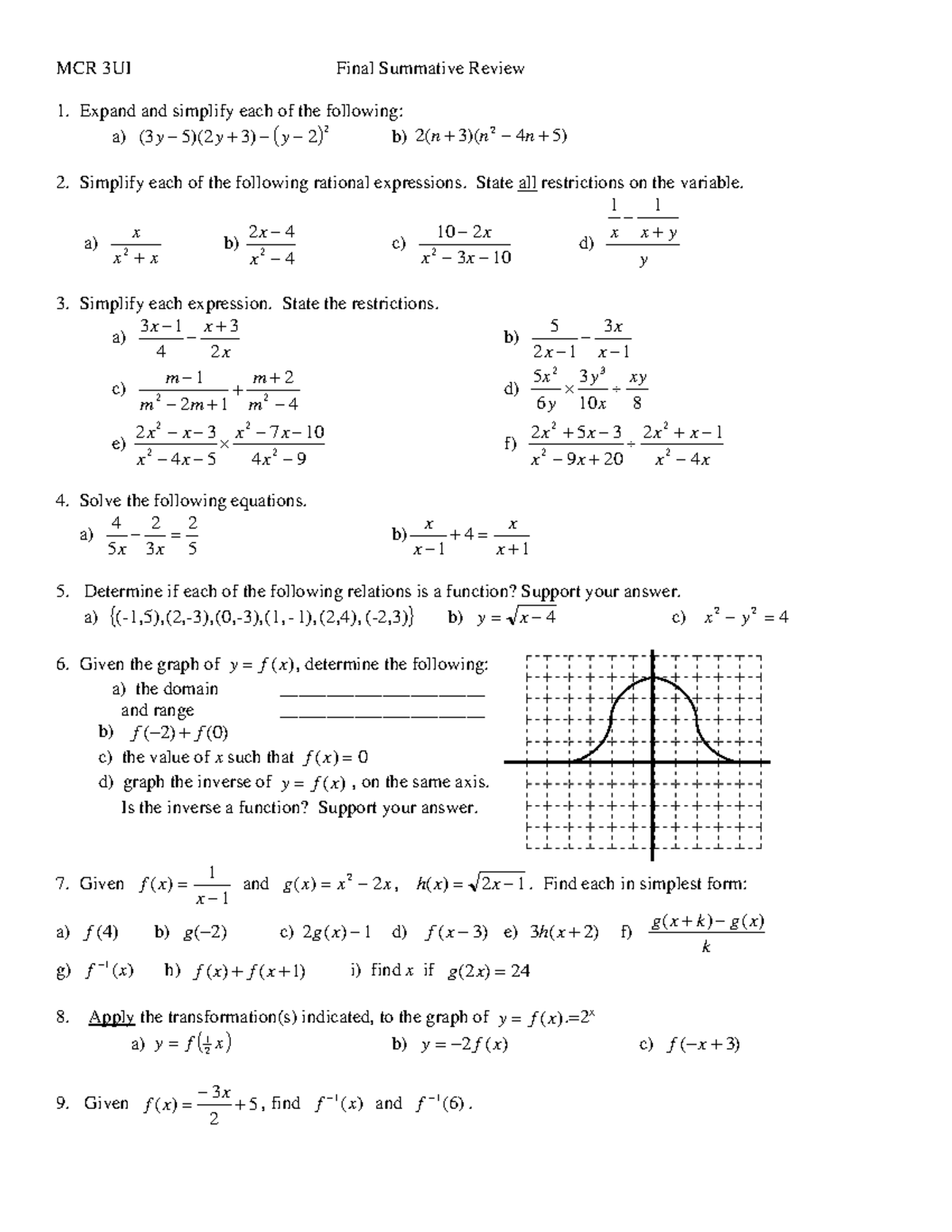 Final Summative Review - MCR 3UI Final Summative Review Expand and ...