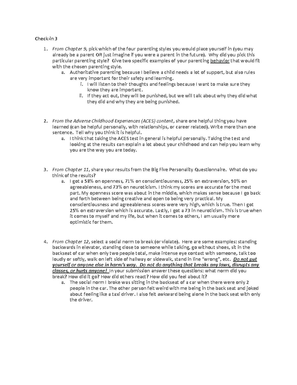 Document 4 - Check-in 3 for Intro to Psych. Professor Elizabeth Davison ...
