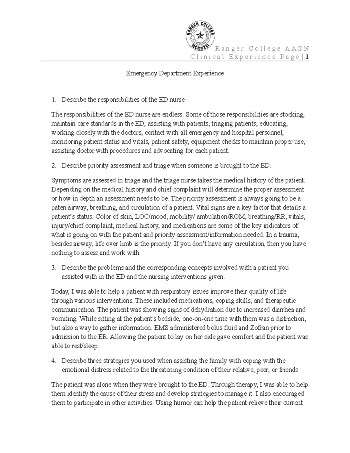 Emergency Department Experience week5 - R a n g e r C o l l e g e A A S ...