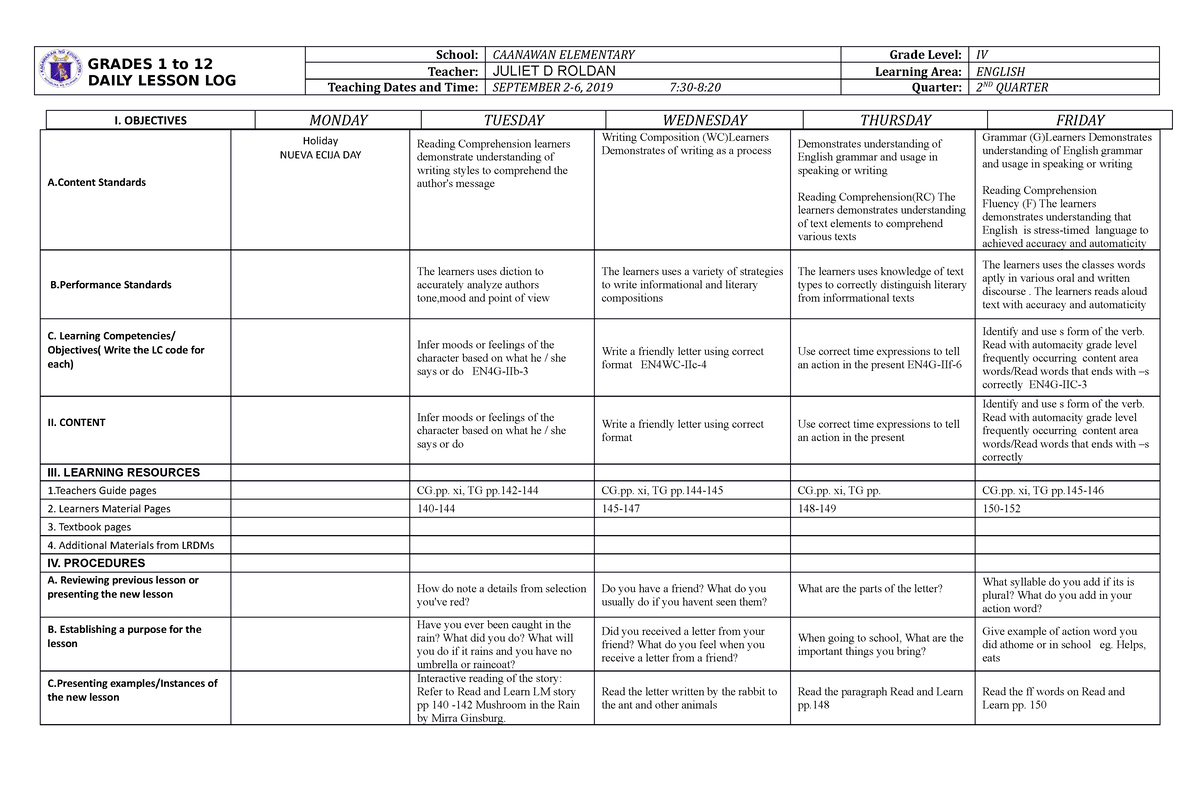 DLL English 4 Q2 W3 - DLL - GRADES 1 to 12 DAILY LESSON LOG School ...