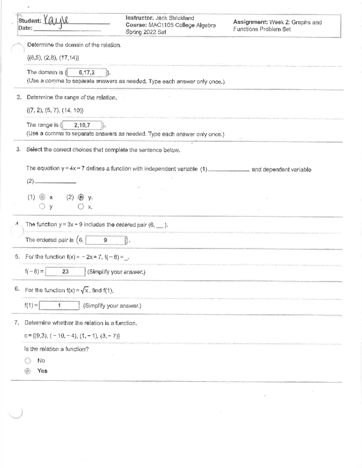 MAC1105 Graphs and Functions Problem Set - Vayle Instructor: Jack ...