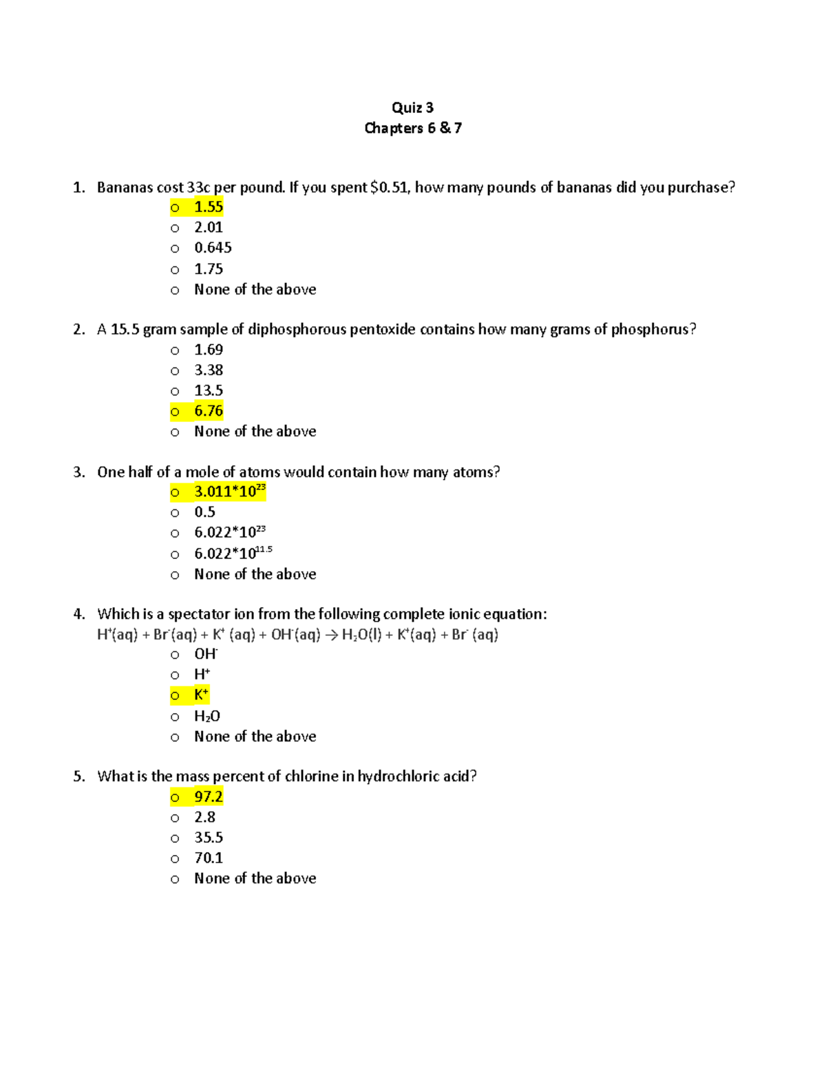 Quiz 3 - Chem 280 OL-A Dr. Slav - Chapters 6 & 7Quiz 3 Bananas Cost 33c ...