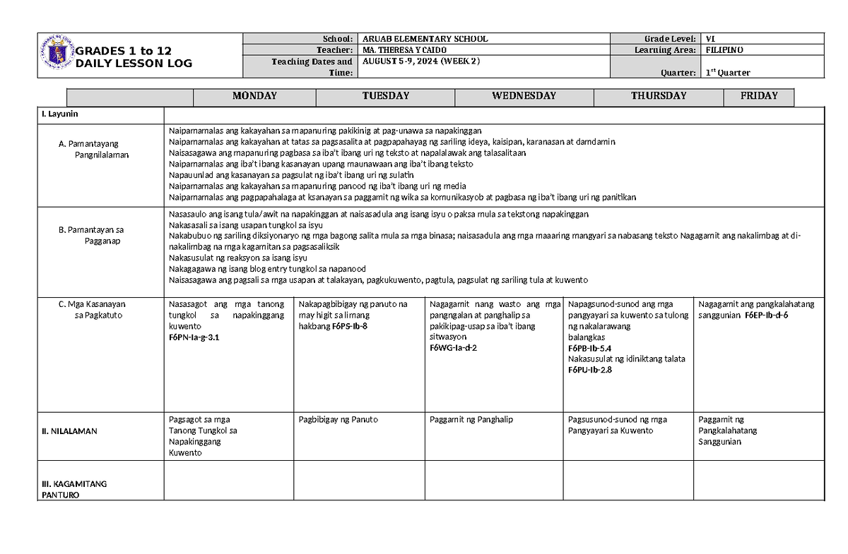 DLL Filipino 6 Q1 W2 - DLL - GRADES 1 to 12 DAILY LESSON LOG School ...
